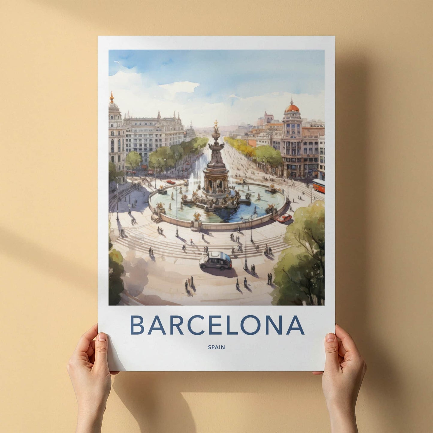 Barcelona Poster - Spain Travel Art - Historic Fountain Square Home Decor