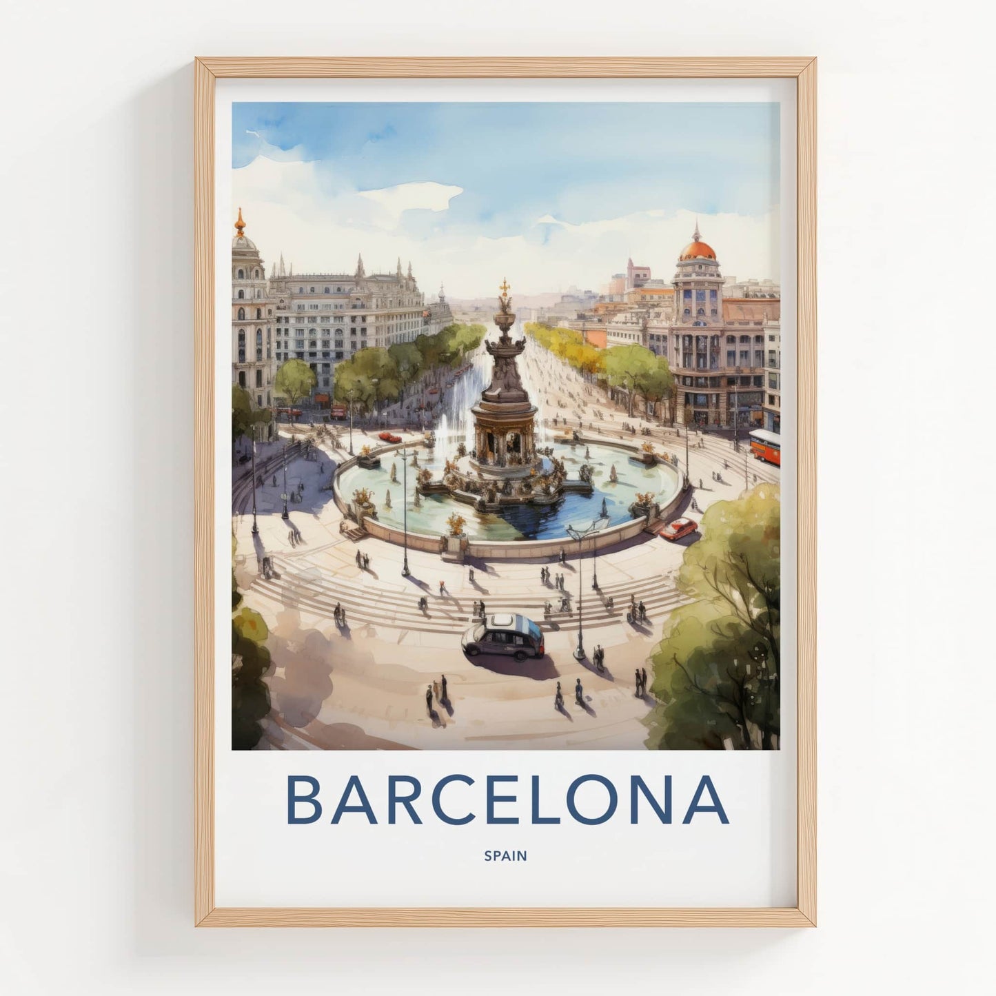 Barcelona Poster - Spain Travel Art - Historic Fountain Square Home Decor