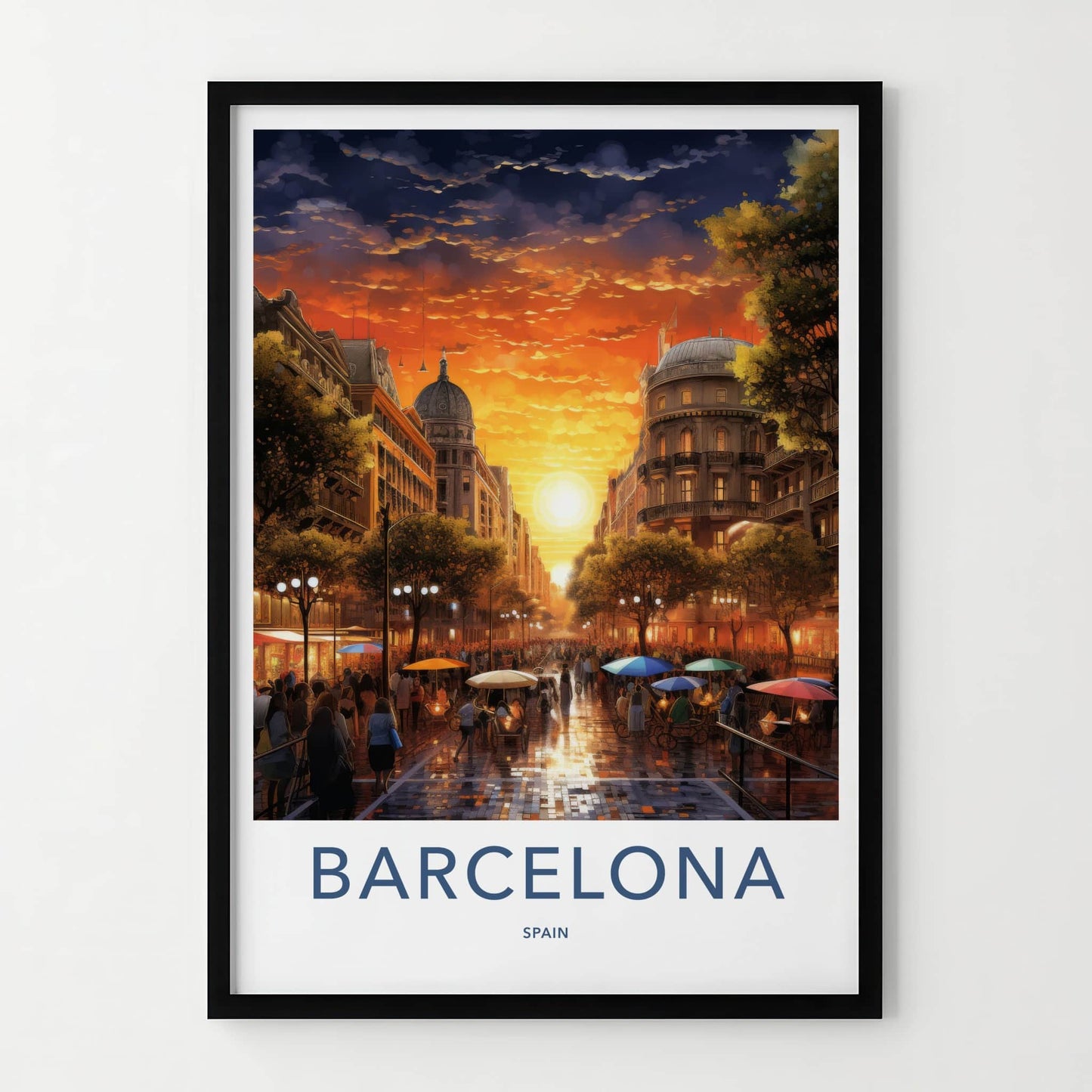 Barcelona Poster - Spain Travel Art - Vibrant City Sunset Home Decor