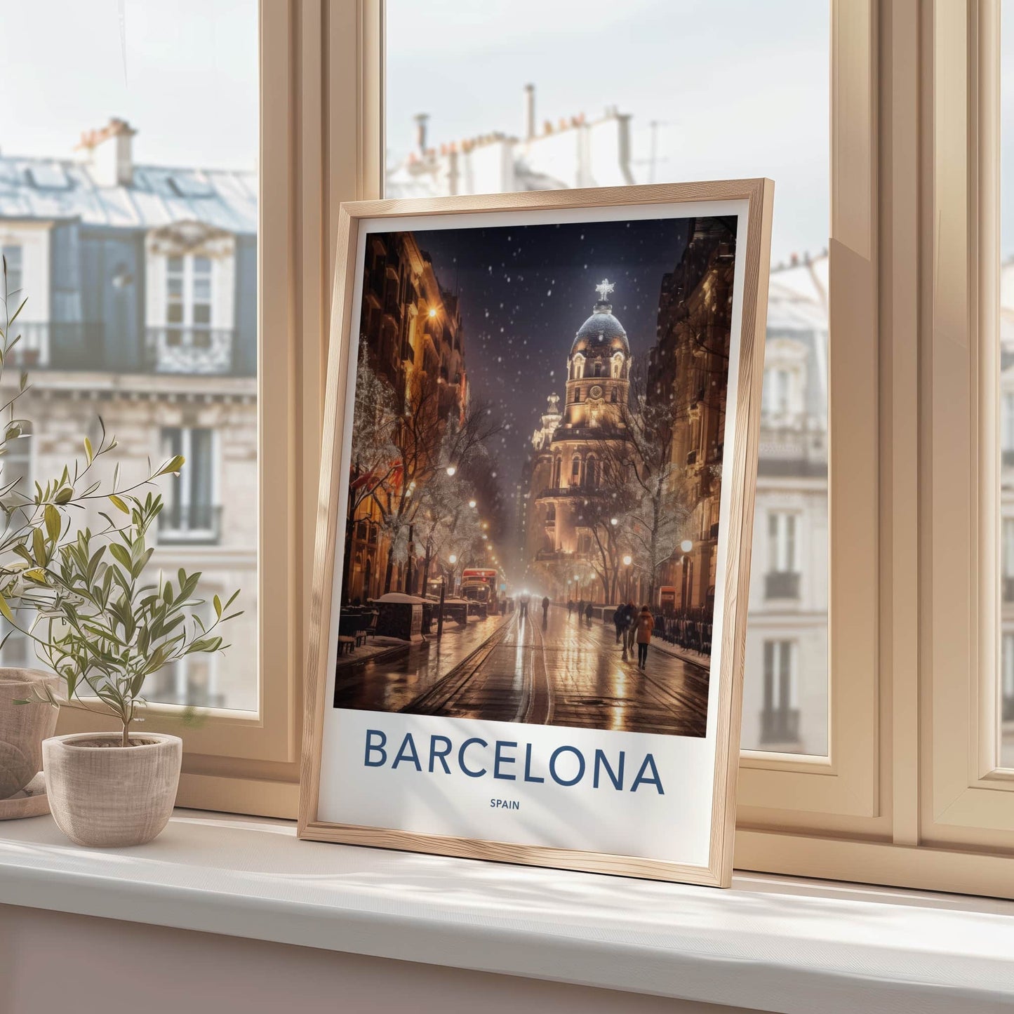 Barcelona Poster - Spain Travel Art - Winter City Lights Home Decor