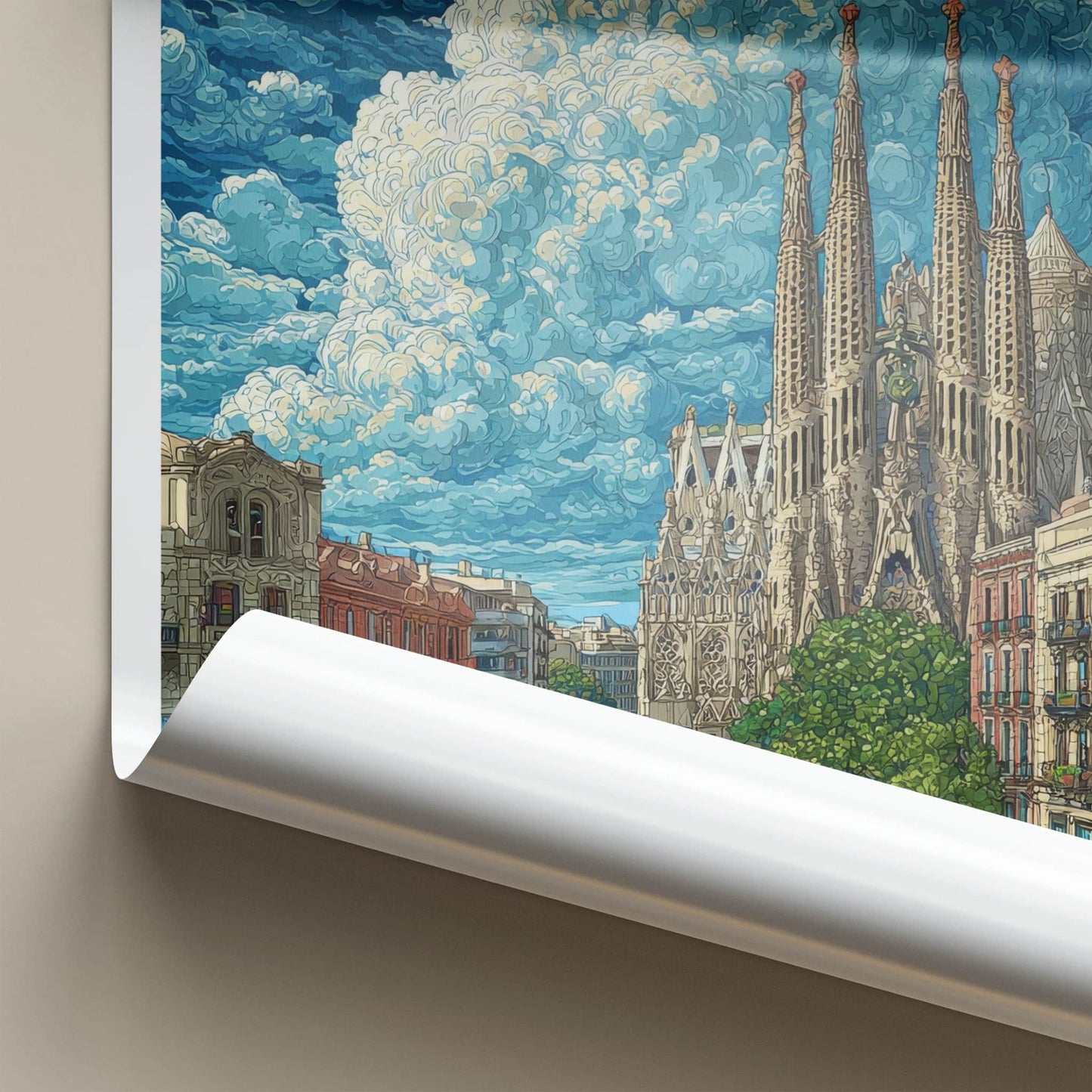 Barcelona Poster - Spain Travel Print - Cloudy Sagrada Familia Wall Decor