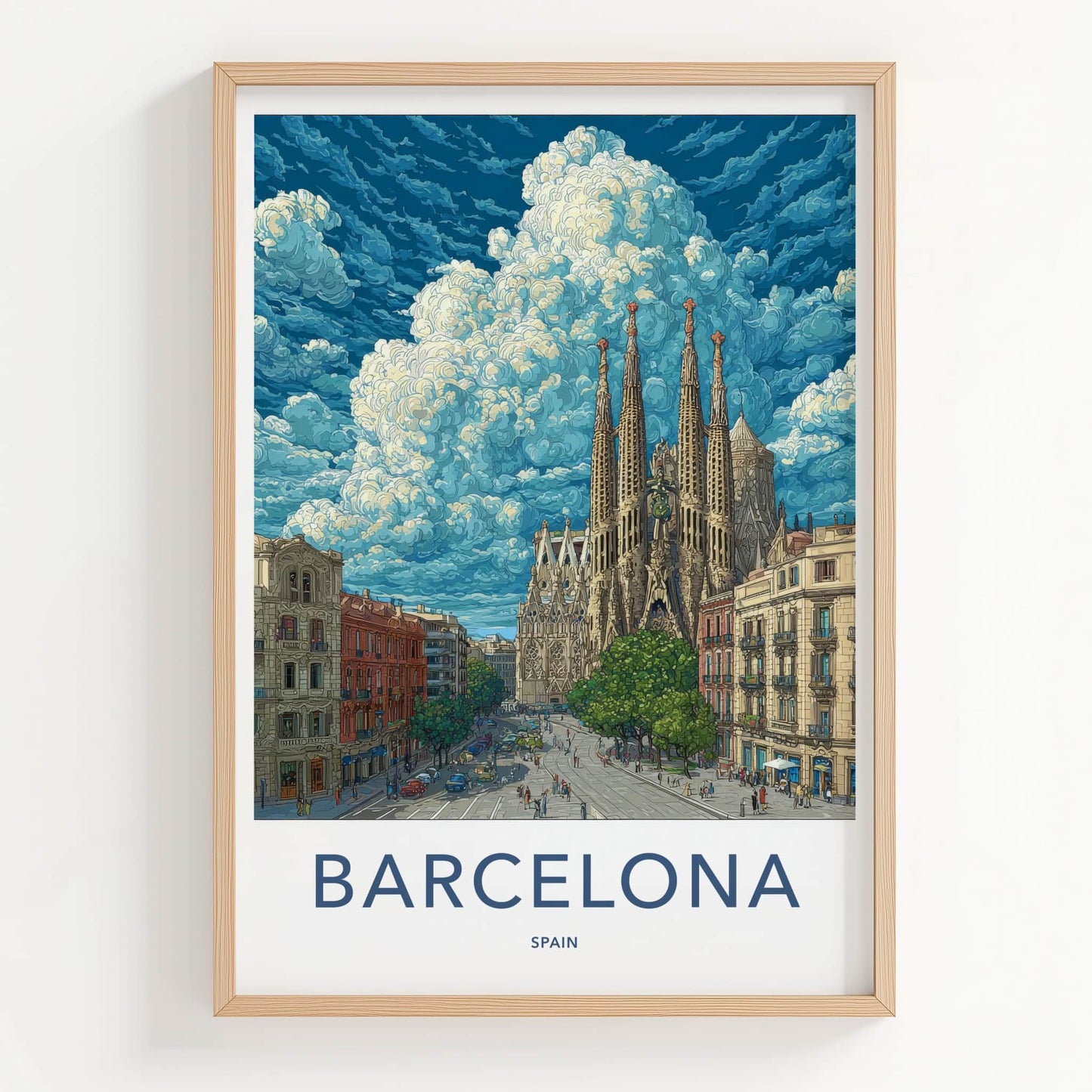 Barcelona Poster - Spain Travel Print - Cloudy Sagrada Familia Wall Decor