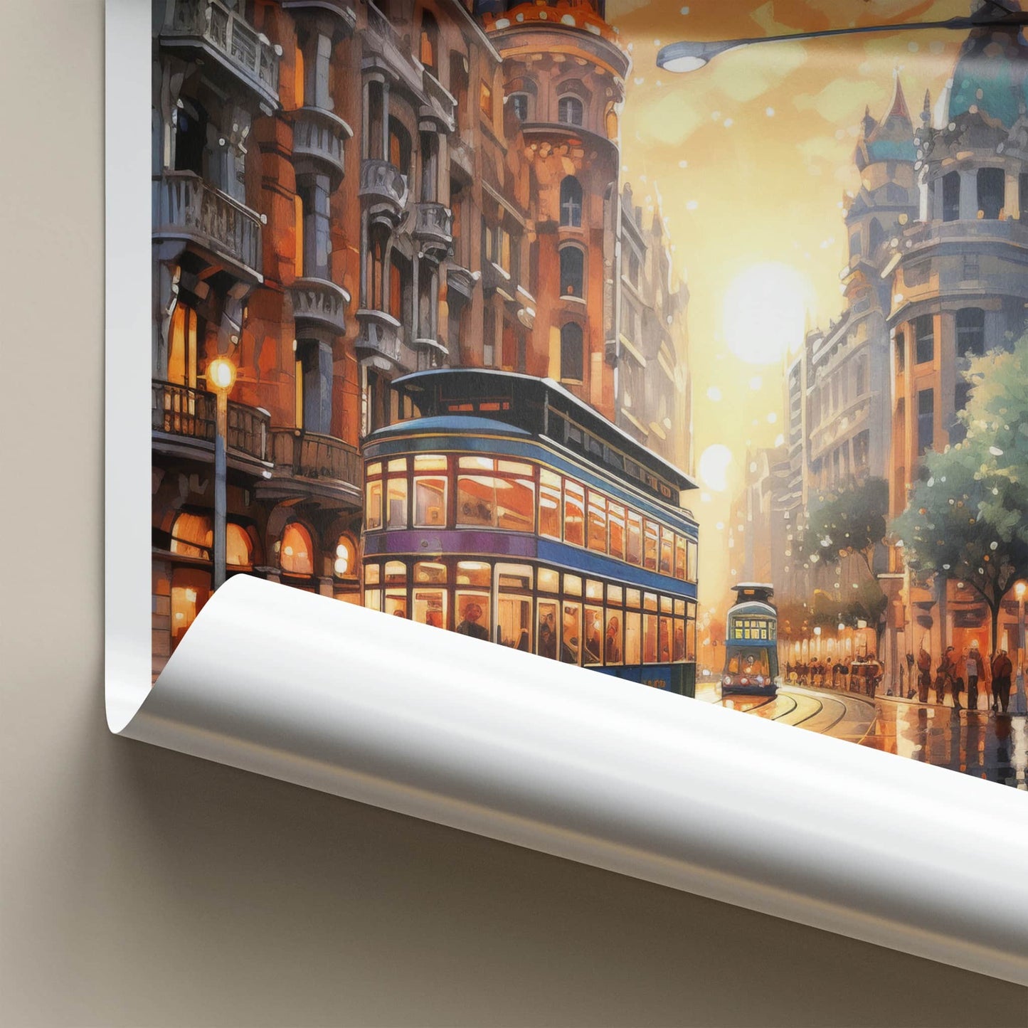 Barcelona Poster - Spain Wall Art - Sunset Tram Reflections Home Decor