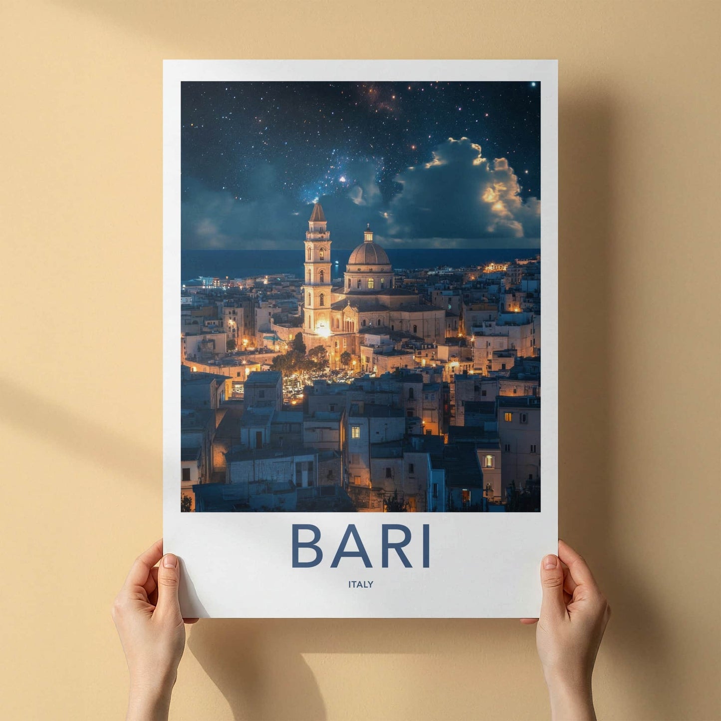 Bari Poster - Italy Travel Art - Cathedral Night Sky Home Decor