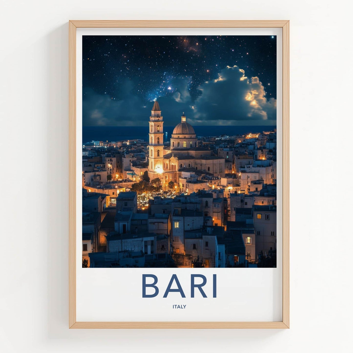Bari Poster - Italy Travel Art - Cathedral Night Sky Home Decor