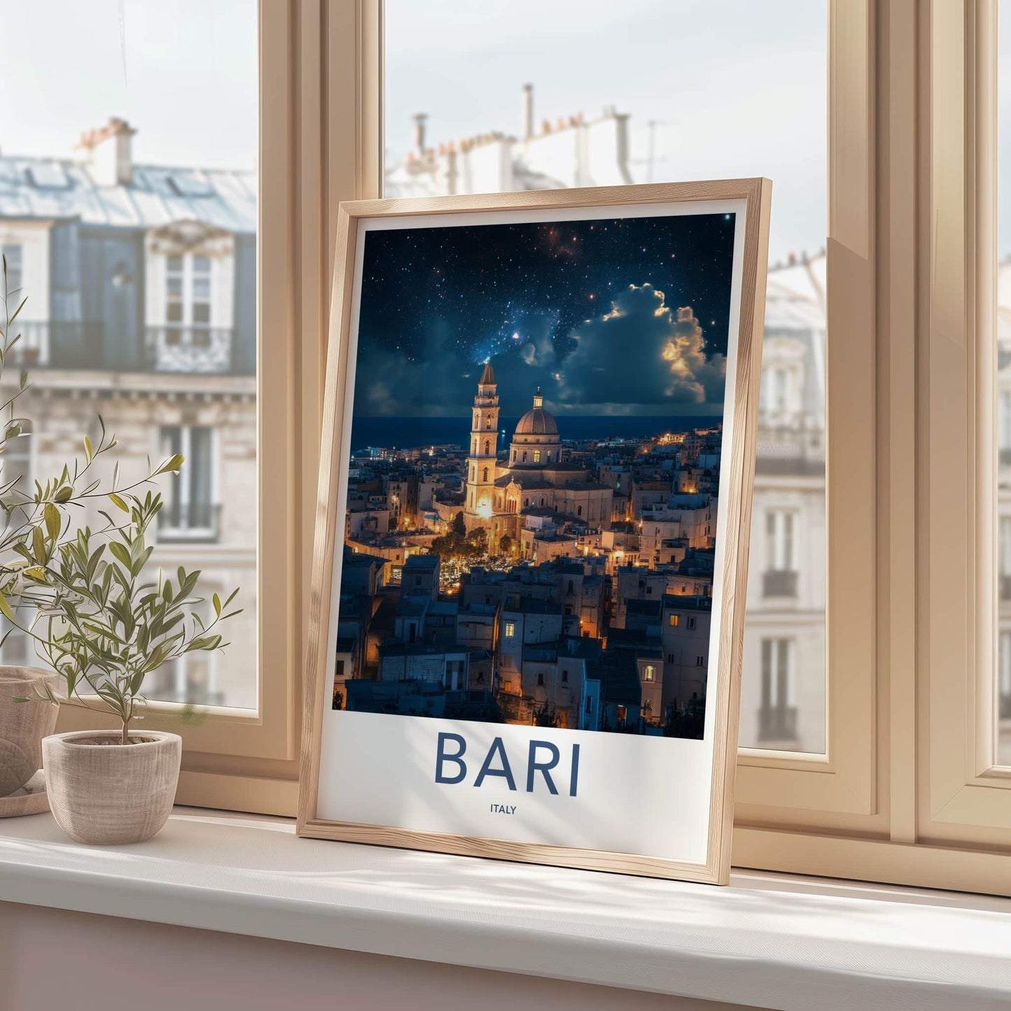 Bari Poster - Italy Travel Art - Cathedral Night Sky Home Decor