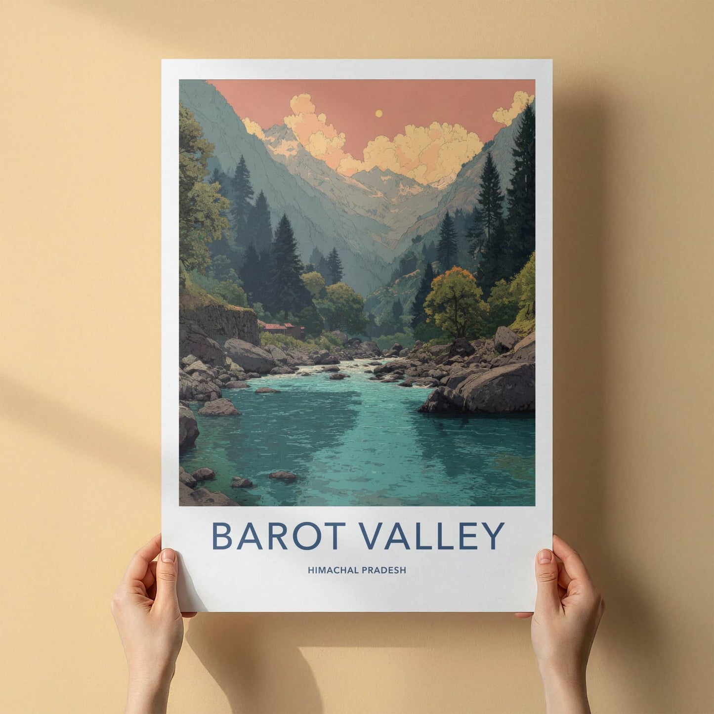 Barot Valley Poster - India Travel Art - Mountain River Sunrise Home Decor