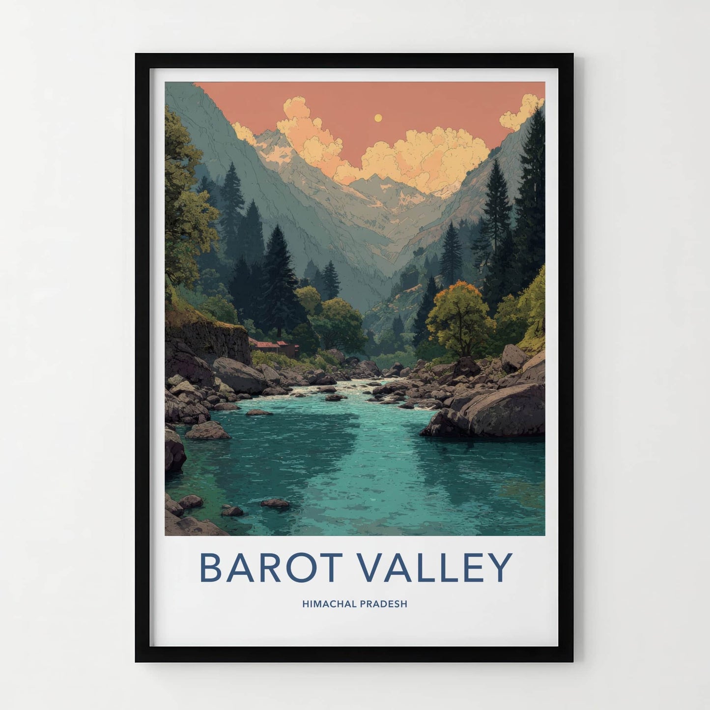 Barot Valley Poster - India Travel Art - Mountain River Sunrise Home Decor