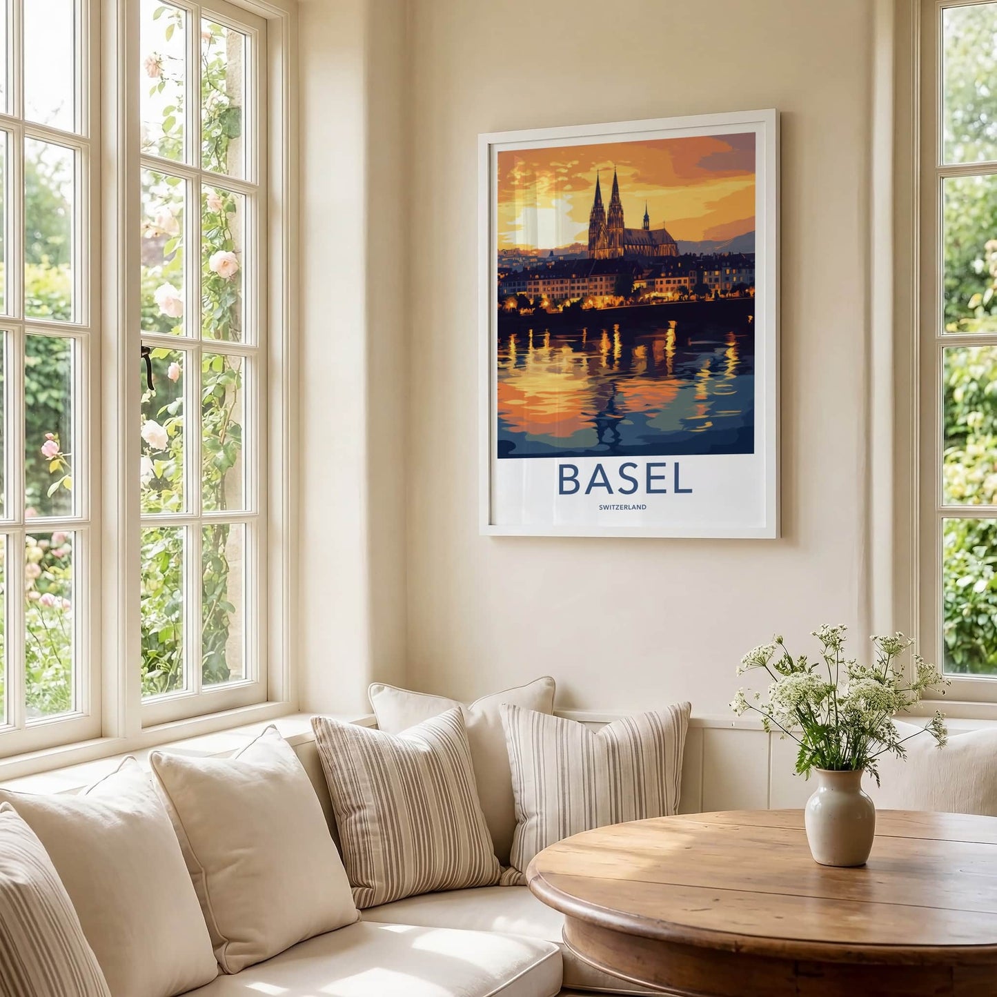Basel Poster - Switzerland Travel Art - Dusk Cityscape River Home Decor