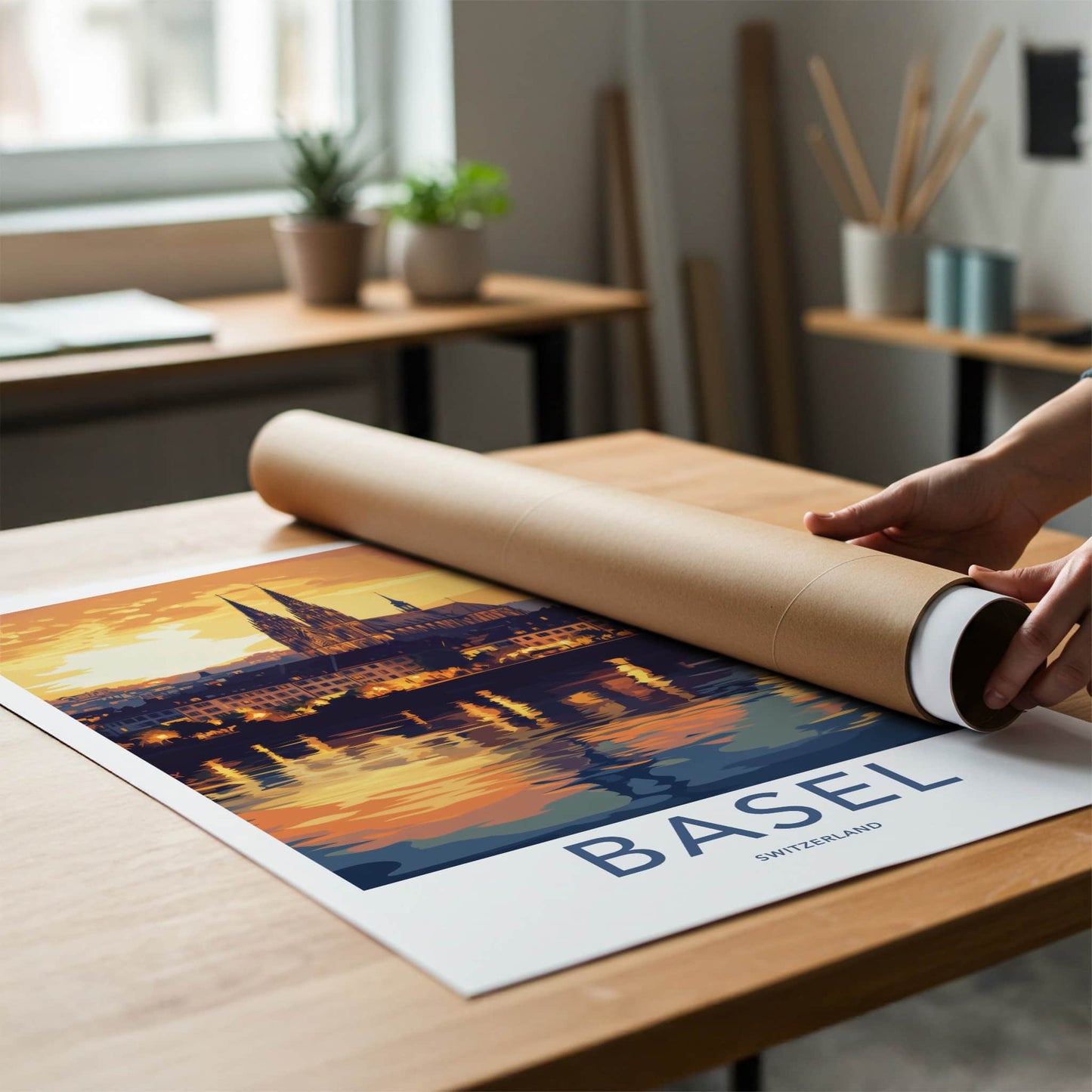Basel Poster - Switzerland Travel Art - Dusk Cityscape River Home Decor