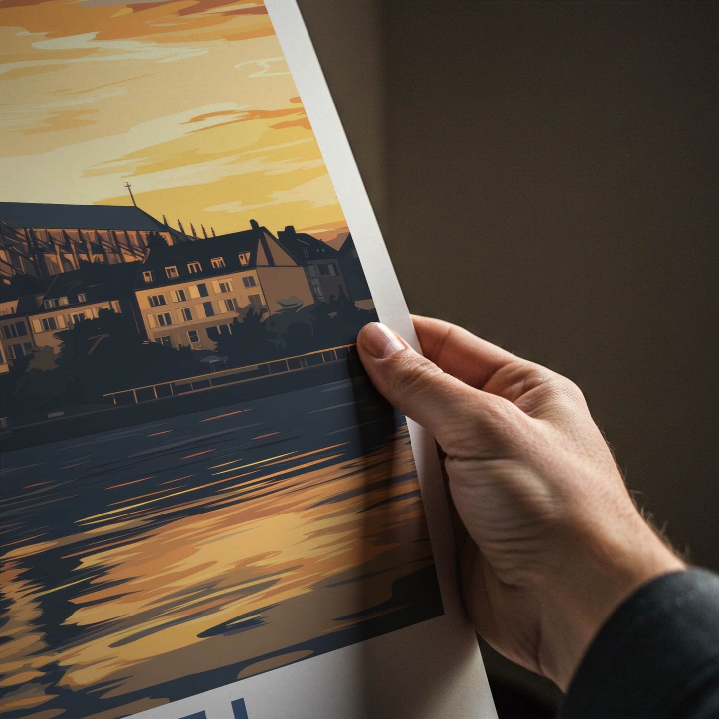 Basel Poster - Switzerland Travel Art - Golden River Reflection Home Decor