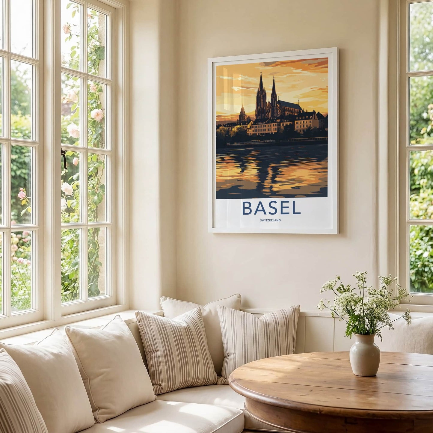 Basel Poster - Switzerland Travel Art - Golden River Reflection Home Decor