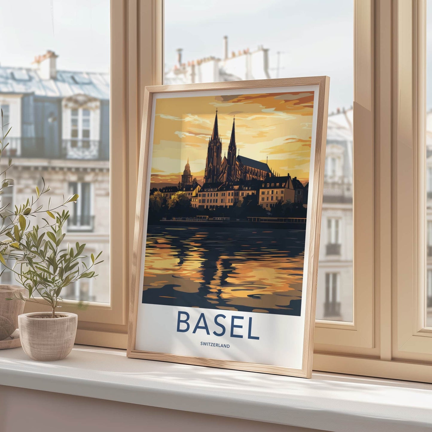 Basel Poster - Switzerland Travel Art - Golden River Reflection Home Decor