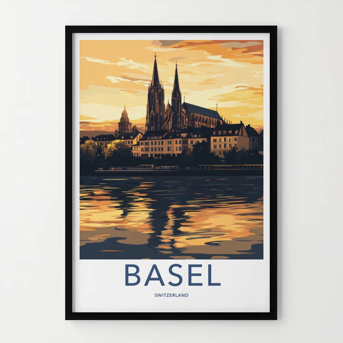 Basel Poster - Switzerland Travel Art - Golden River Reflection Home Decor