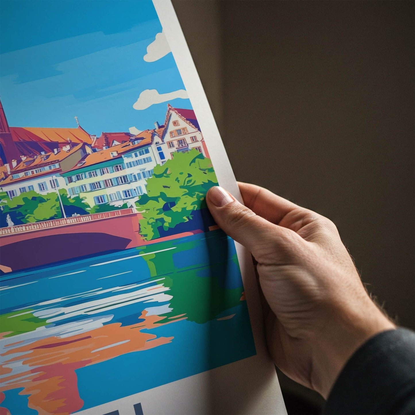 Basel Poster - Switzerland Travel Art - Riverfront Cathedral Bridge Wall Decor