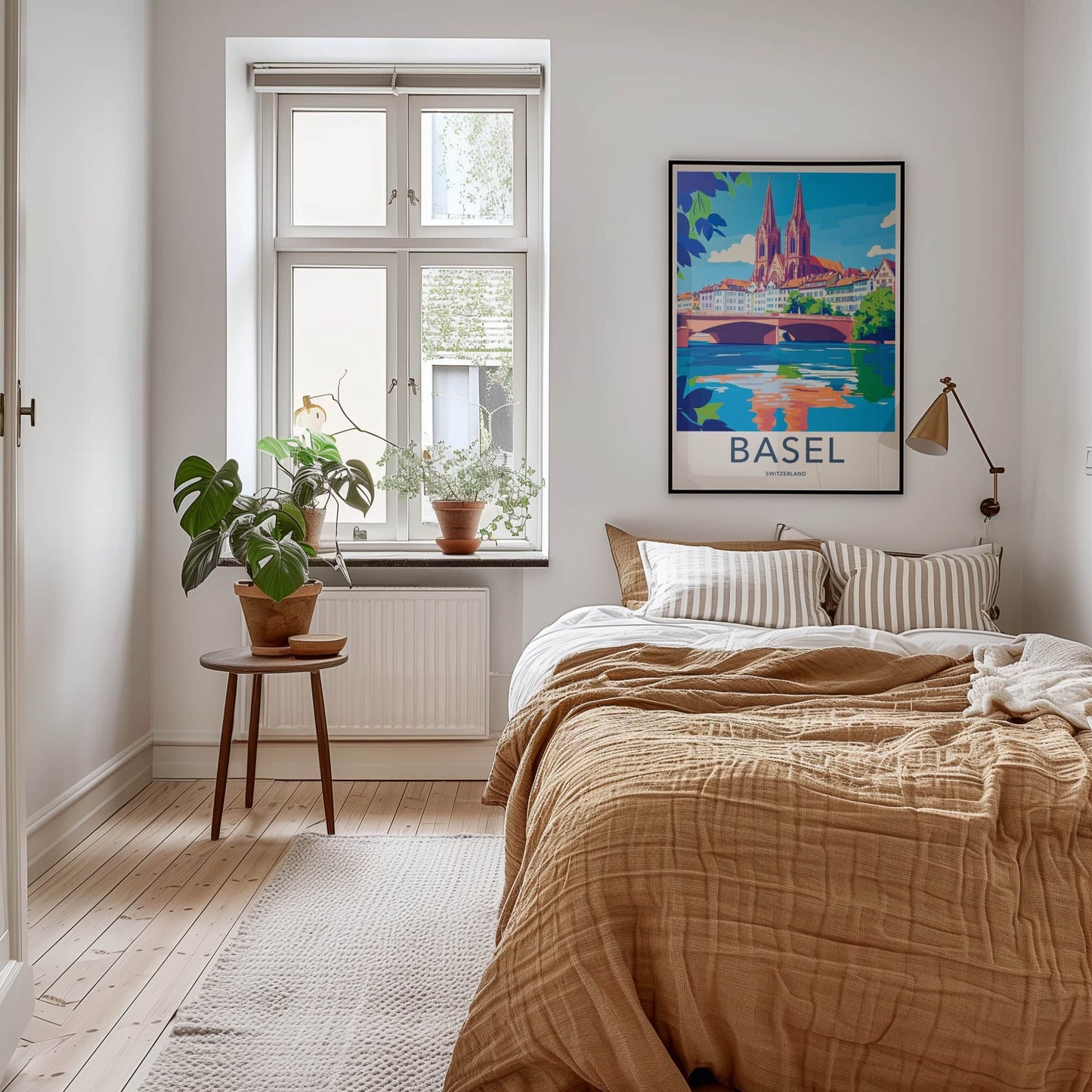 Basel Poster - Switzerland Travel Art - Riverfront Cathedral Bridge Wall Decor