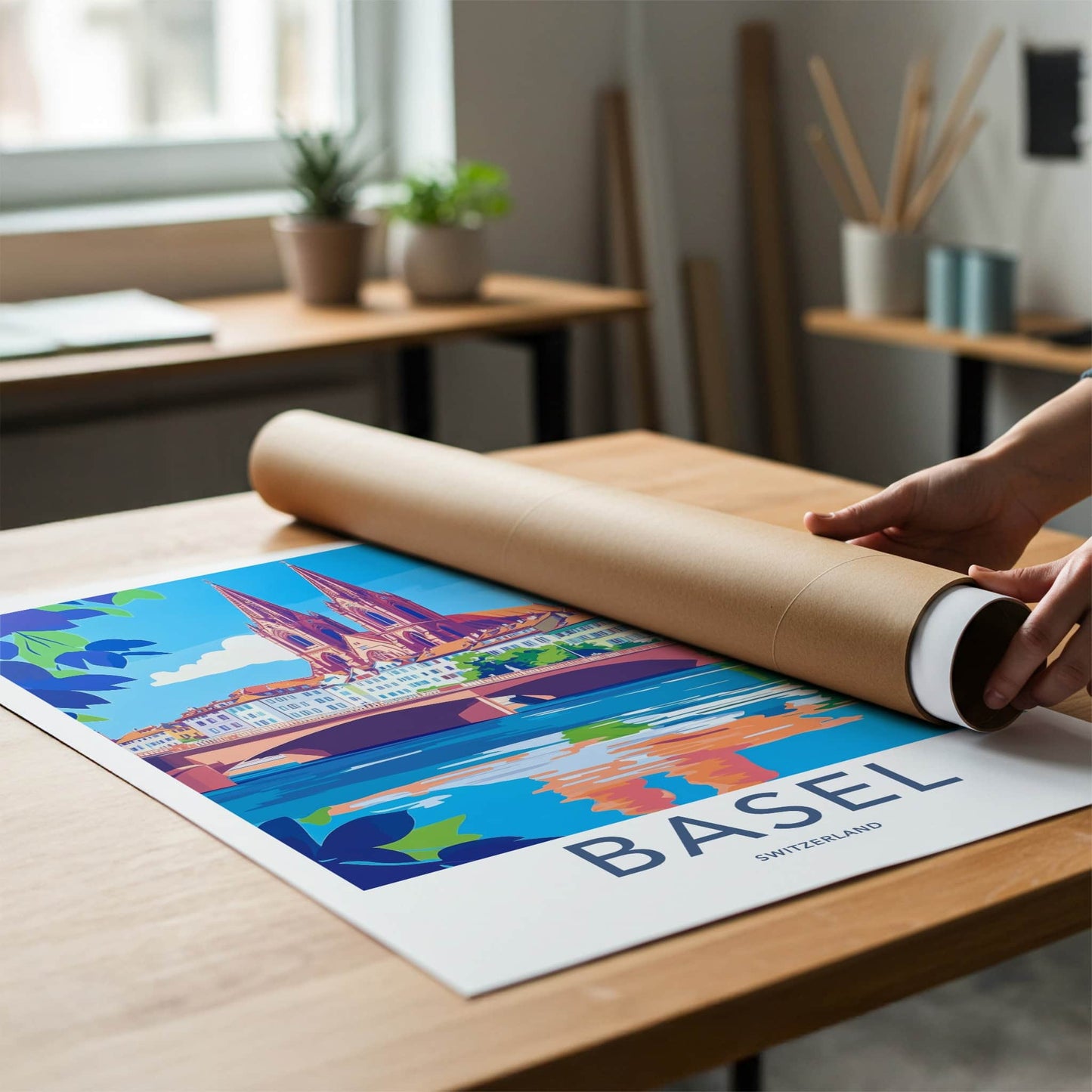 Basel Poster - Switzerland Travel Art - Riverfront Cathedral Bridge Wall Decor