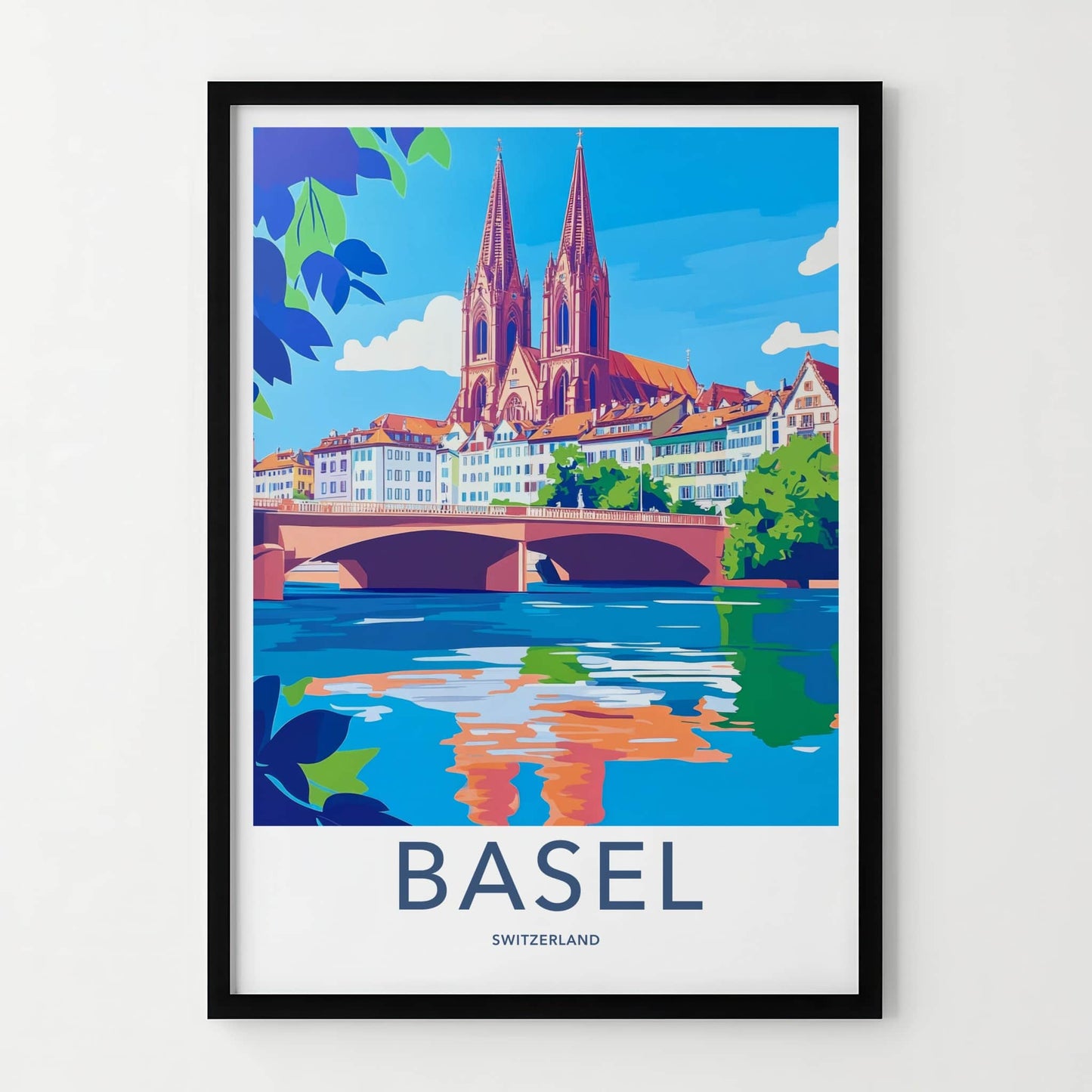 Basel Poster - Switzerland Travel Art - Riverfront Cathedral Bridge Wall Decor