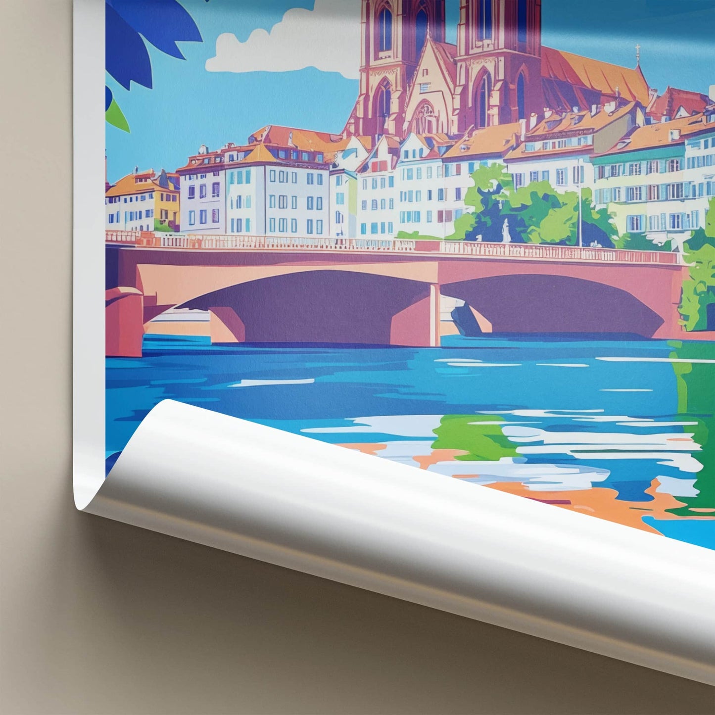 Basel Poster - Switzerland Travel Art - Riverfront Cathedral Bridge Wall Decor
