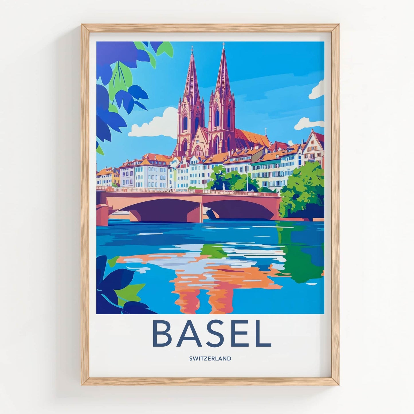 Basel Poster - Switzerland Travel Art - Riverfront Cathedral Bridge Wall Decor