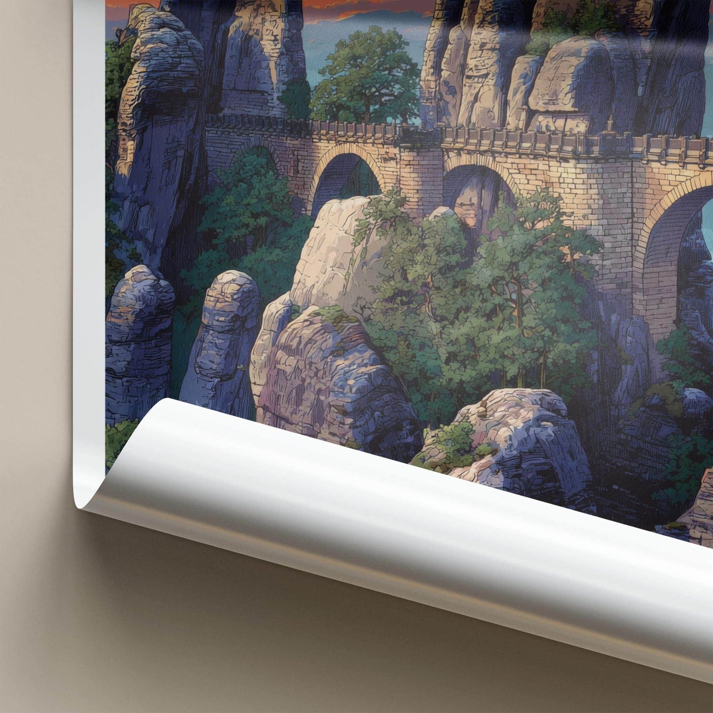 Bastei Poster - Germany Travel Art - Dramatic Sunset Bridge Home Decor