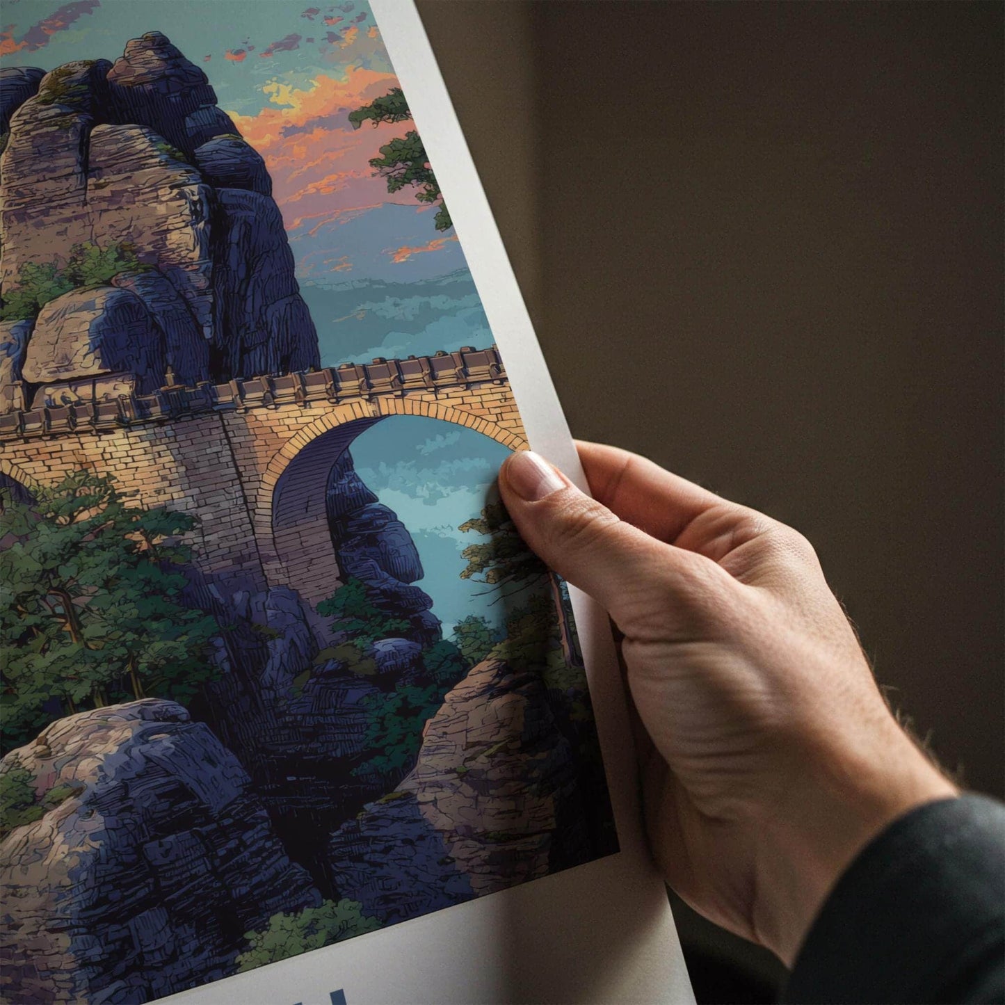 Bastei Poster - Germany Travel Art - Dramatic Sunset Bridge Home Decor