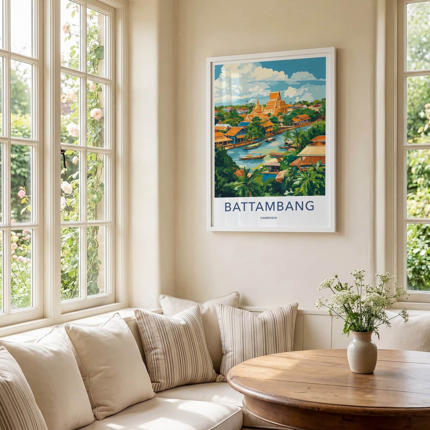 Battambang Poster - Cambodia Travel Art - Riverfront Temple Boats Home Decor