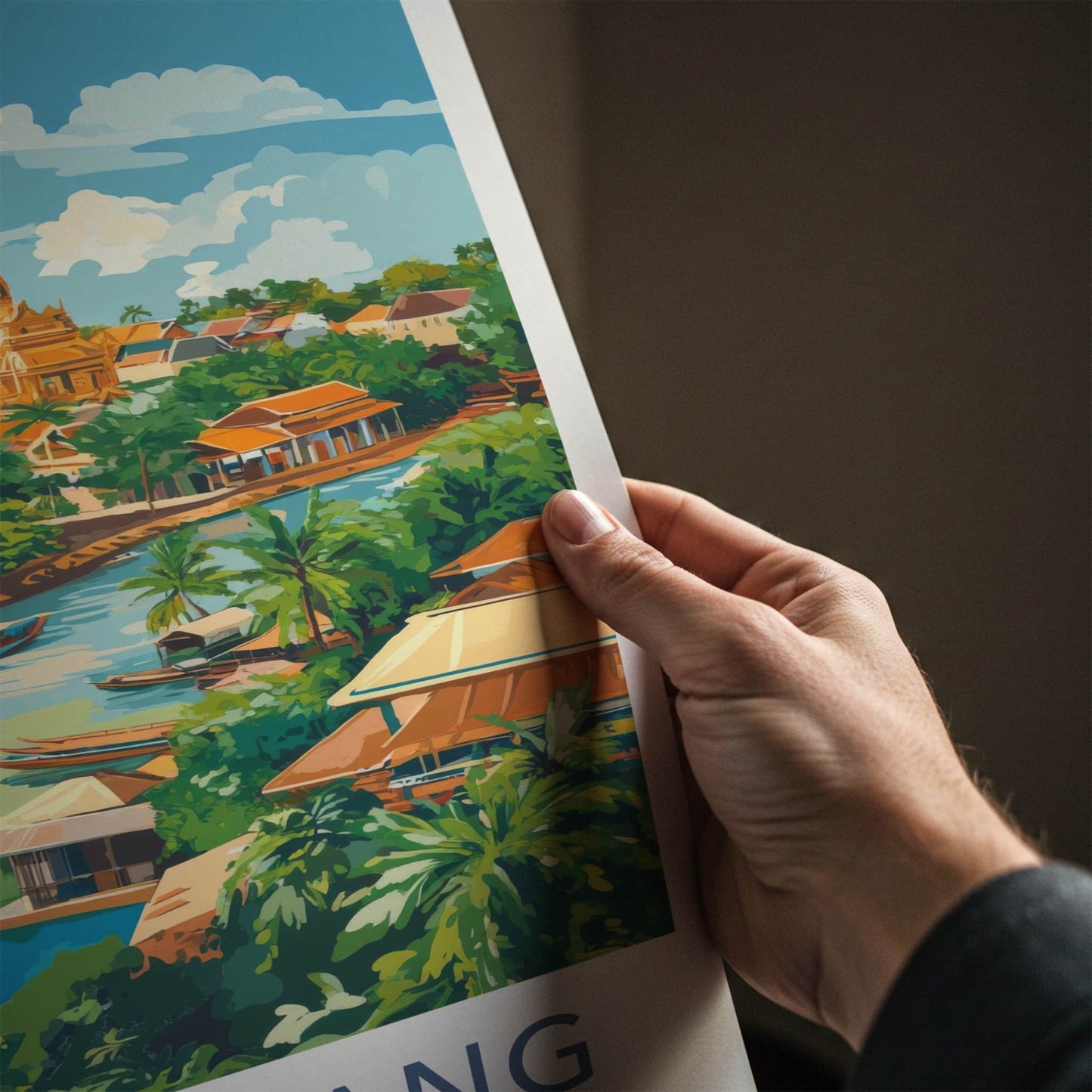 Battambang Poster - Cambodia Travel Art - Riverfront Temple Boats Home Decor