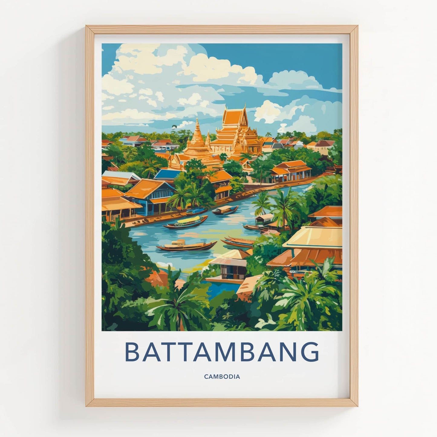 Battambang Poster - Cambodia Travel Art - Riverfront Temple Boats Home Decor