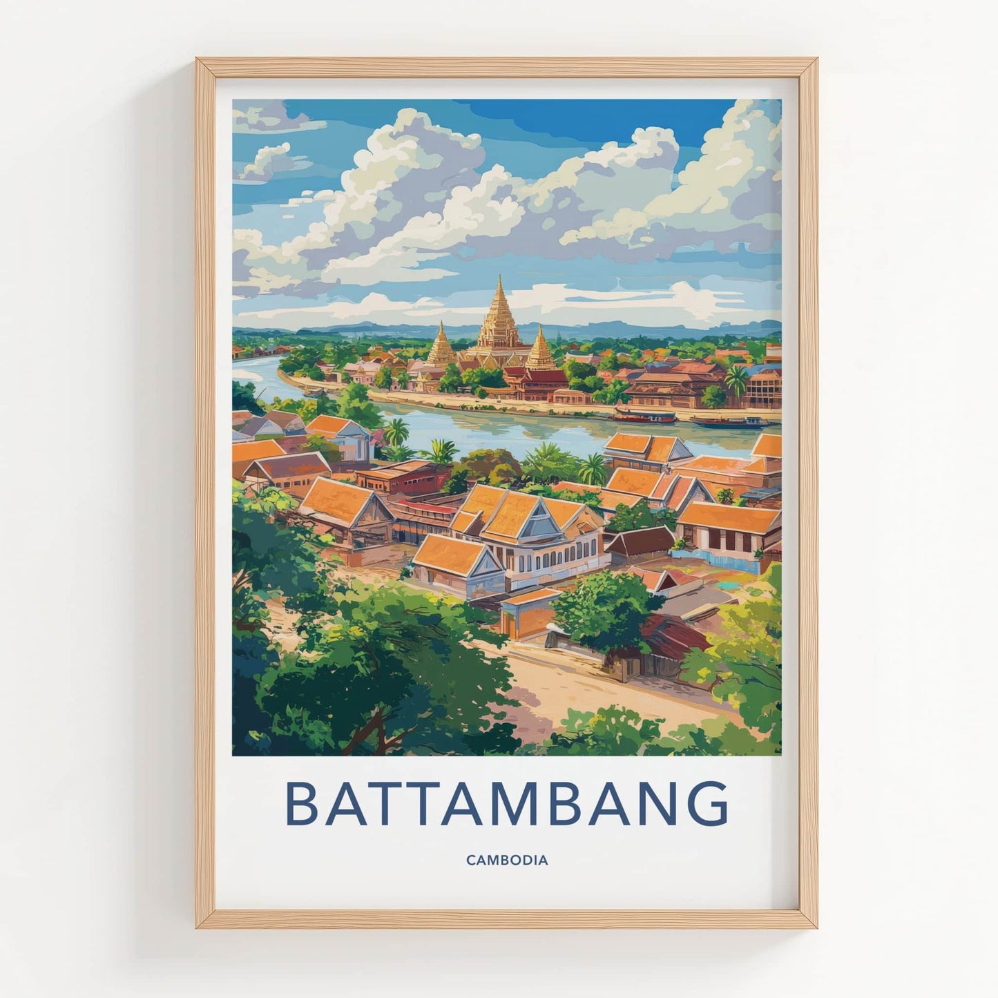 Battambang Poster - Cambodia Travel Art - Riverside Temple Town Home Decor