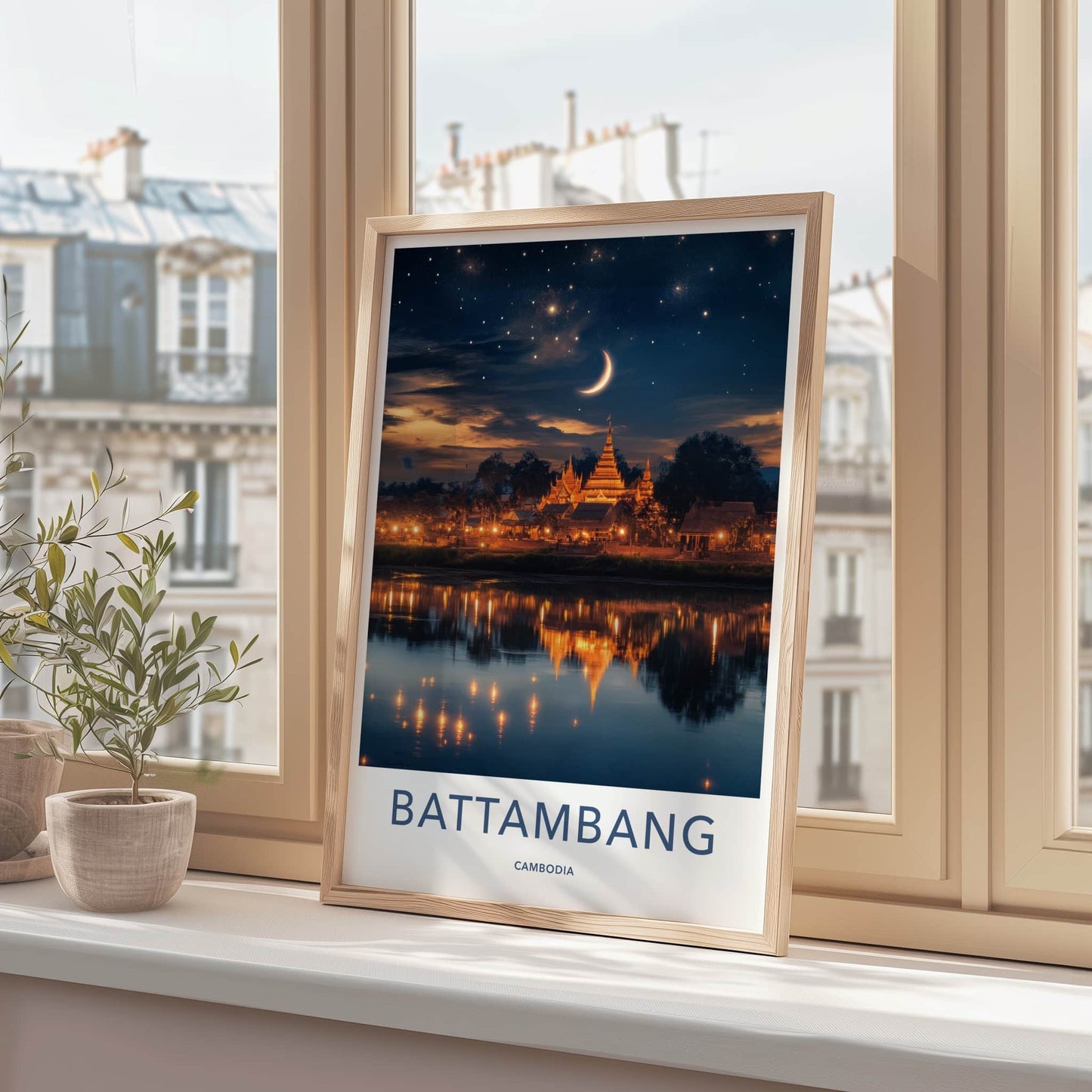Battambang Poster - Cambodia Travel Art - Temple Night Sky Wall Decor