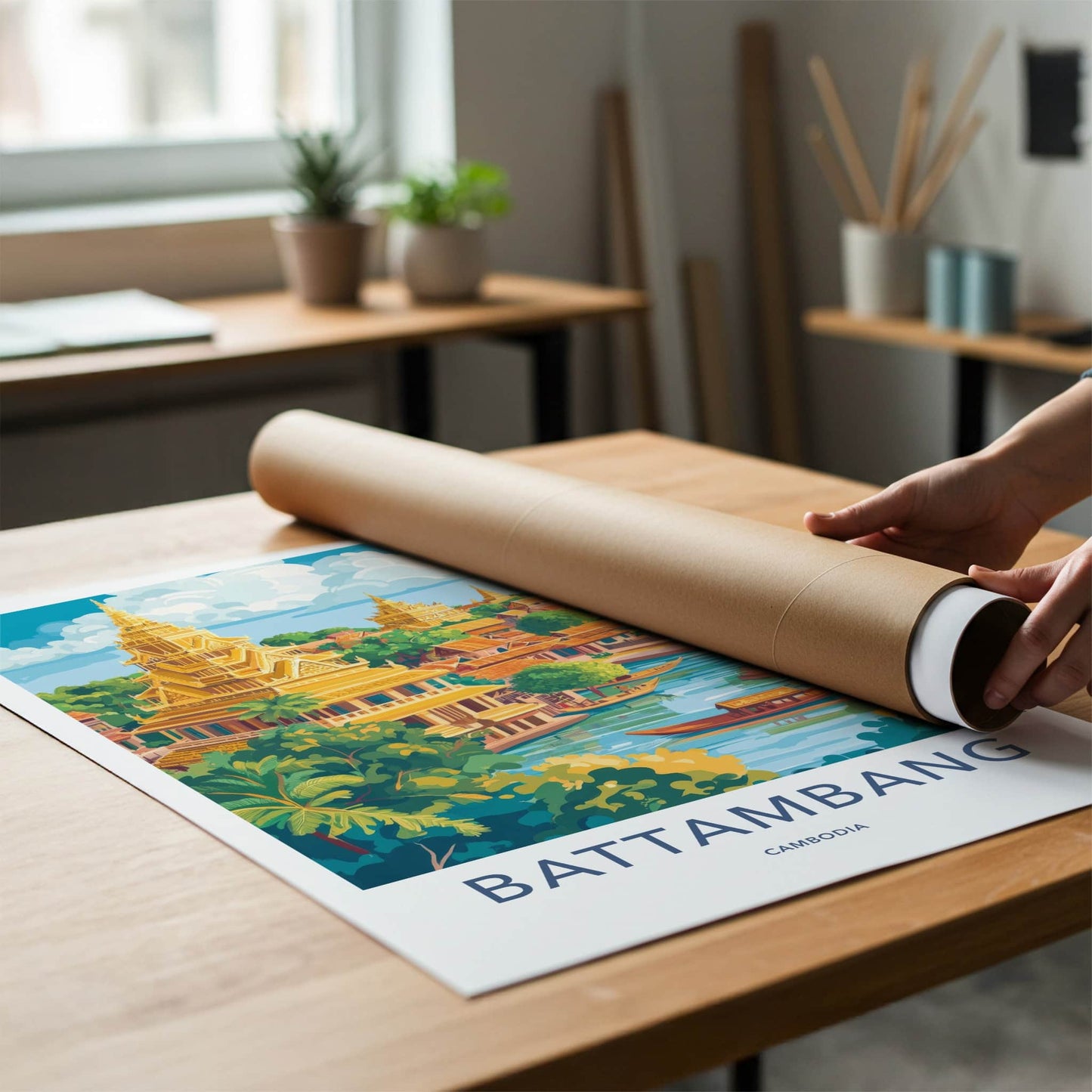 Battambang Poster - Cambodia Wall Art - Golden Temples River Home Decor