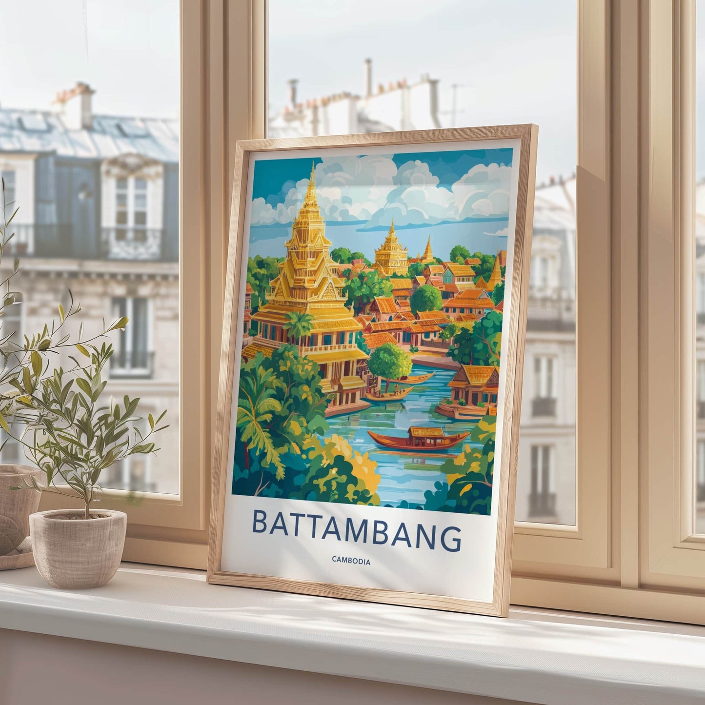 Battambang Poster - Cambodia Wall Art - Golden Temples River Home Decor