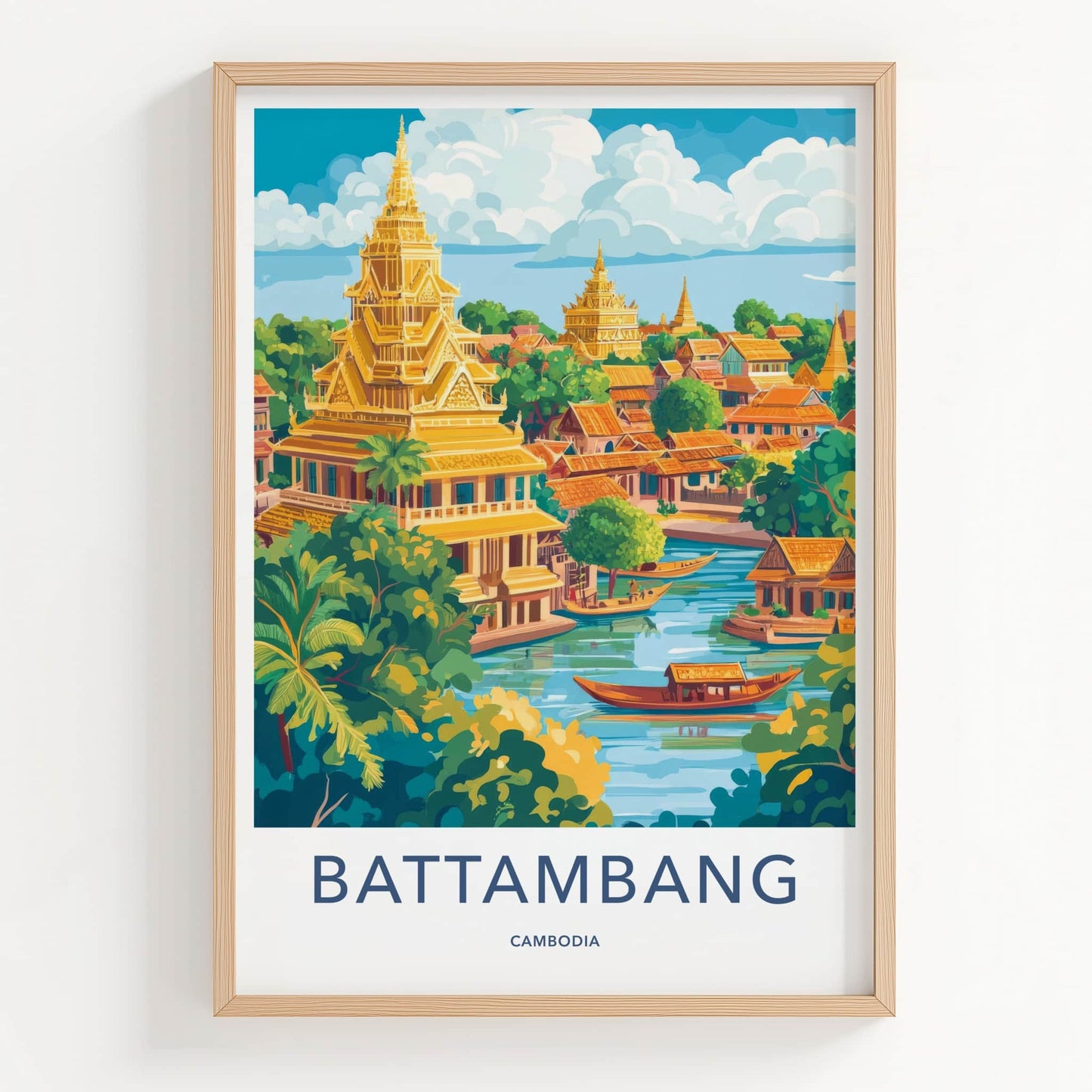 Battambang Poster - Cambodia Wall Art - Golden Temples River Home Decor