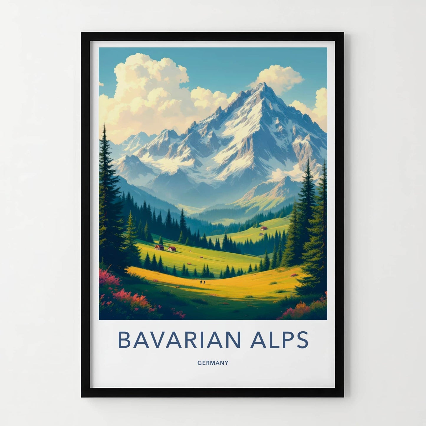 Bavarian Alps Poster - Germany Travel Art - Mountain Valley Houses Wall Decor