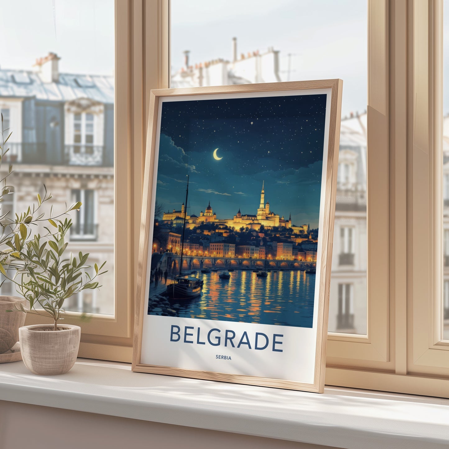 Belgrade Poster - Serbia Framed Print - Moonlit City River Lounge Decor