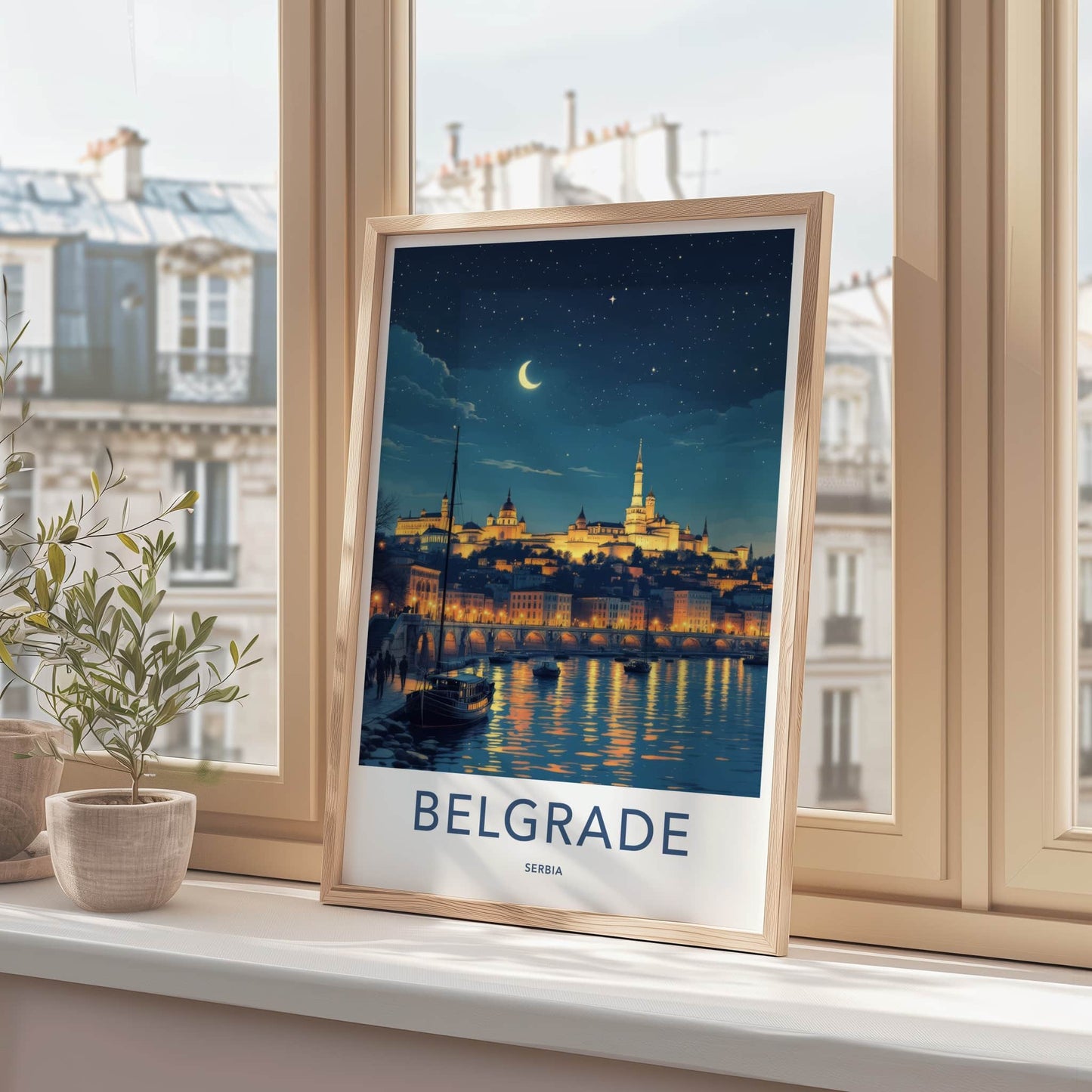 Belgrade Poster - Serbia Framed Print - Moonlit City River Lounge Decor