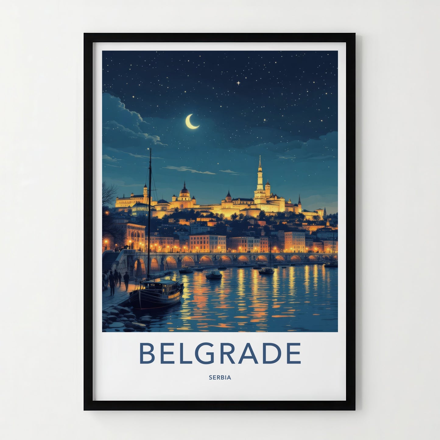 Belgrade Poster - Serbia Framed Print - Moonlit City River Lounge Decor