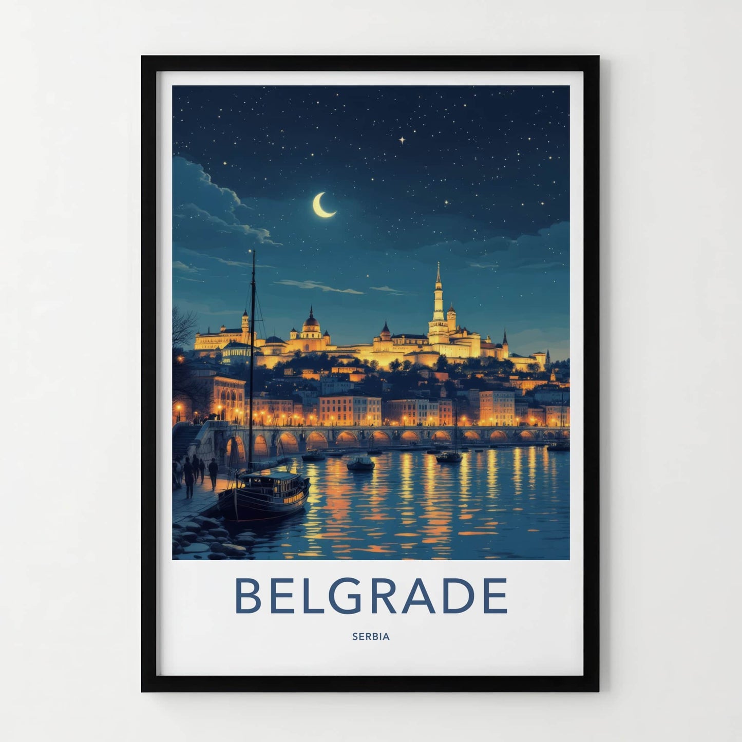 Belgrade Poster - Serbia Framed Print - Moonlit City River Lounge Decor