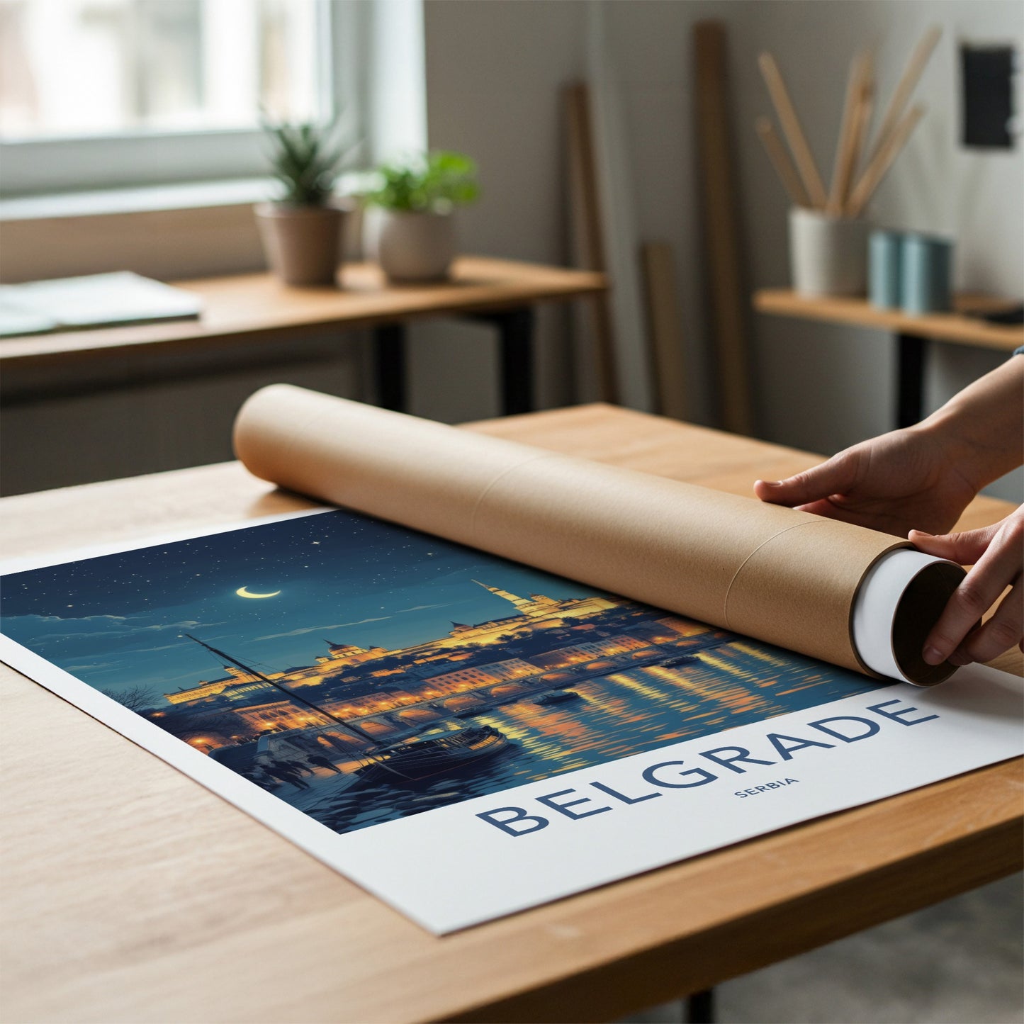Belgrade Poster - Serbia Framed Print - Moonlit City River Lounge Decor