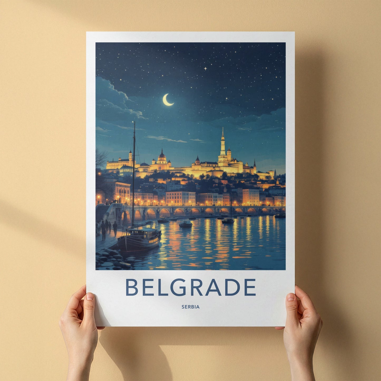 Belgrade Poster - Serbia Framed Print - Moonlit City River Lounge Decor