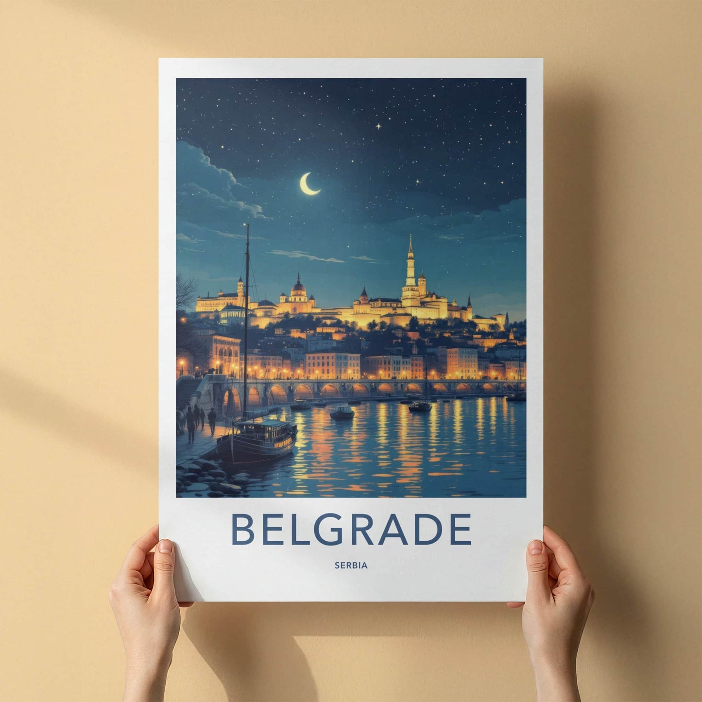 Belgrade Poster - Serbia Framed Print - Moonlit City River Lounge Decor