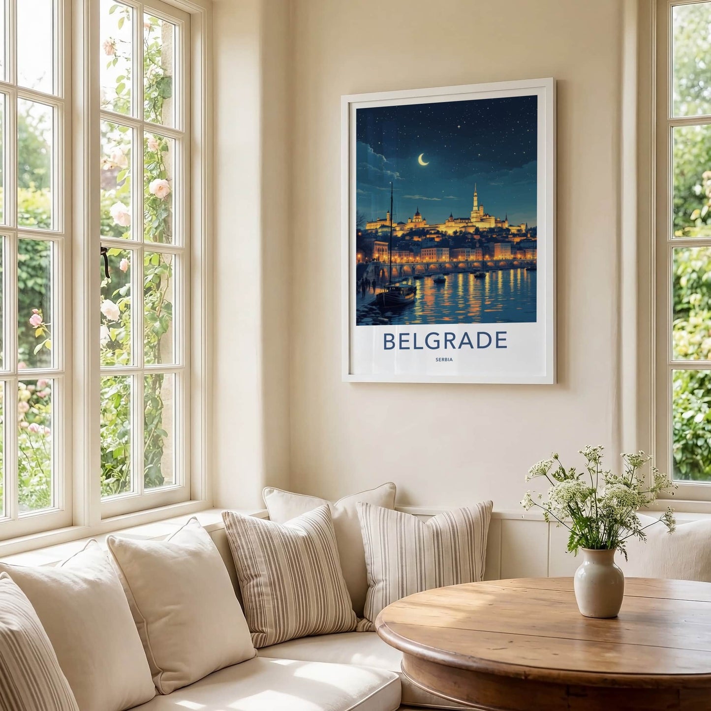 Belgrade Poster - Serbia Framed Print - Moonlit City River Lounge Decor
