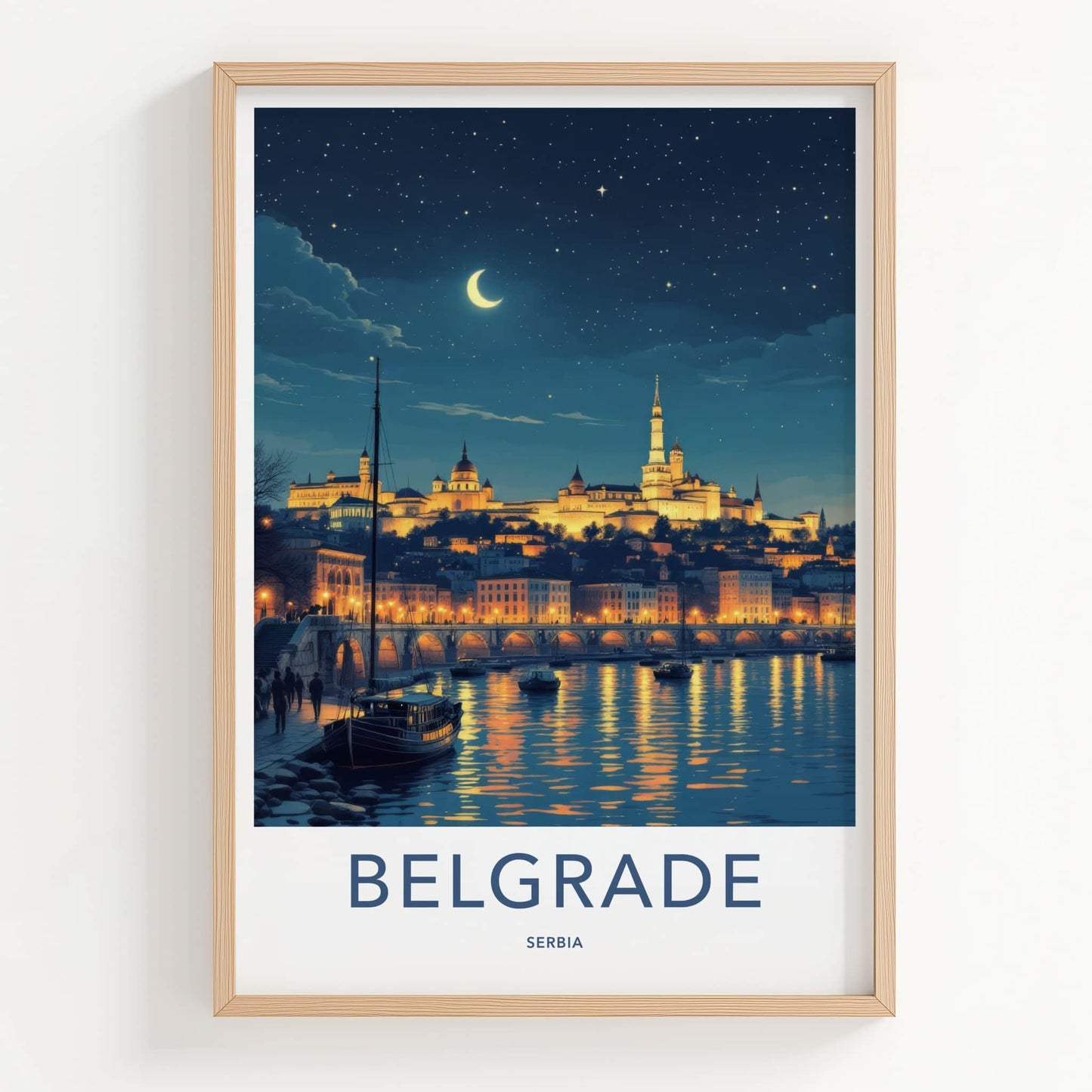 Belgrade Poster - Serbia Framed Print - Moonlit City River Lounge Decor