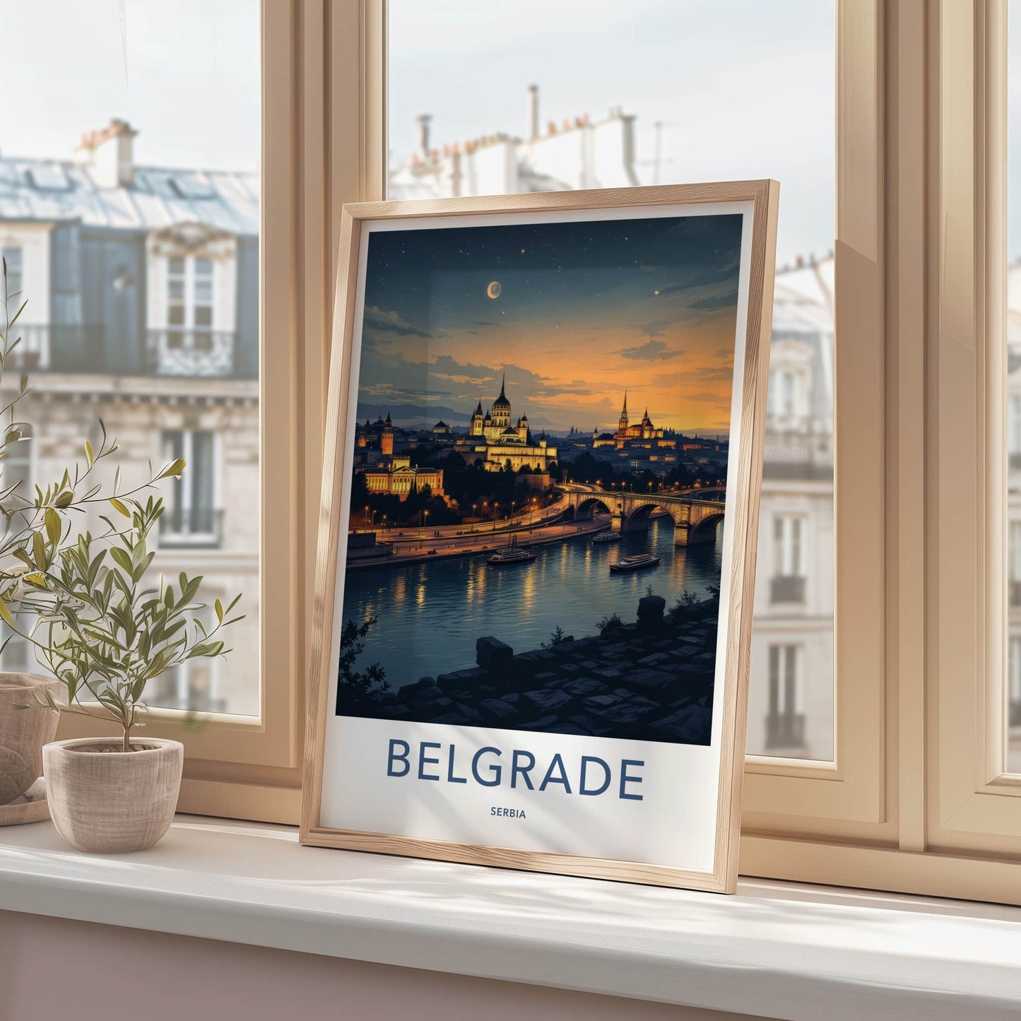 Belgrade Poster - Serbia Travel Art - Moonlit River City Wall Decor