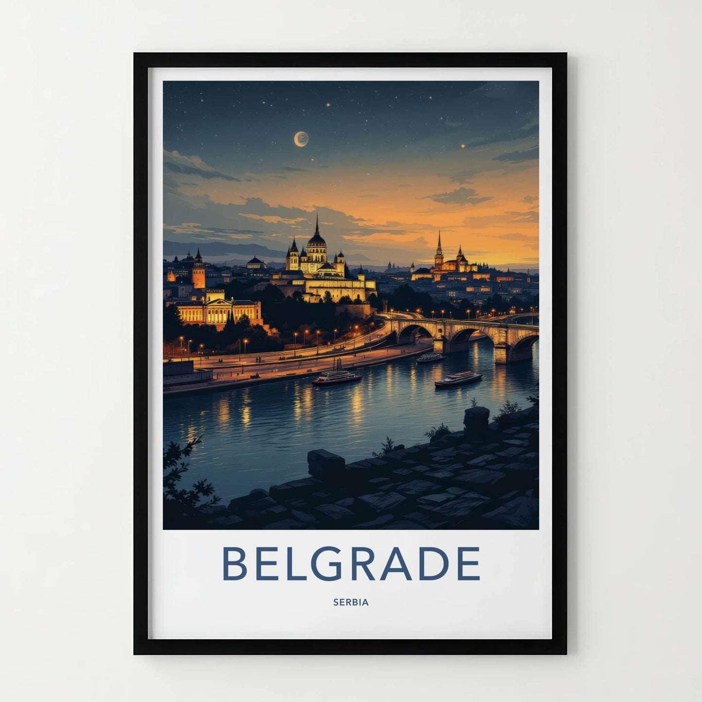Belgrade Poster - Serbia Travel Art - Moonlit River City Wall Decor