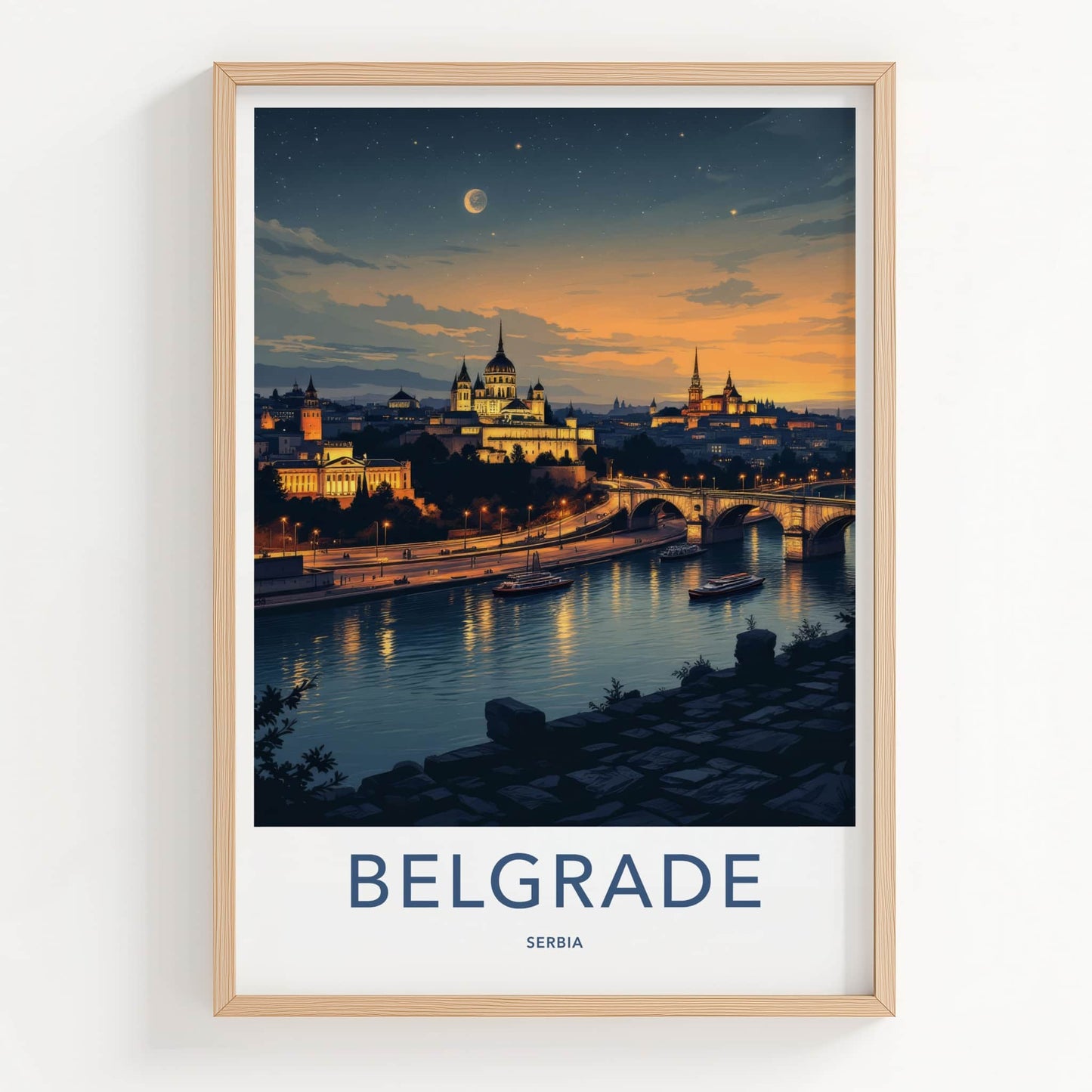 Belgrade Poster - Serbia Travel Art - Moonlit River City Wall Decor