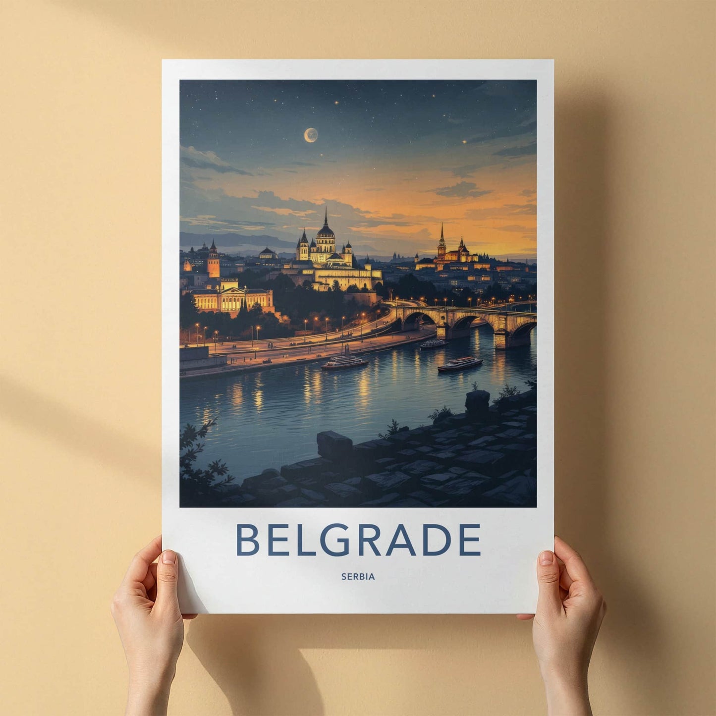Belgrade Poster - Serbia Travel Art - Moonlit River City Wall Decor