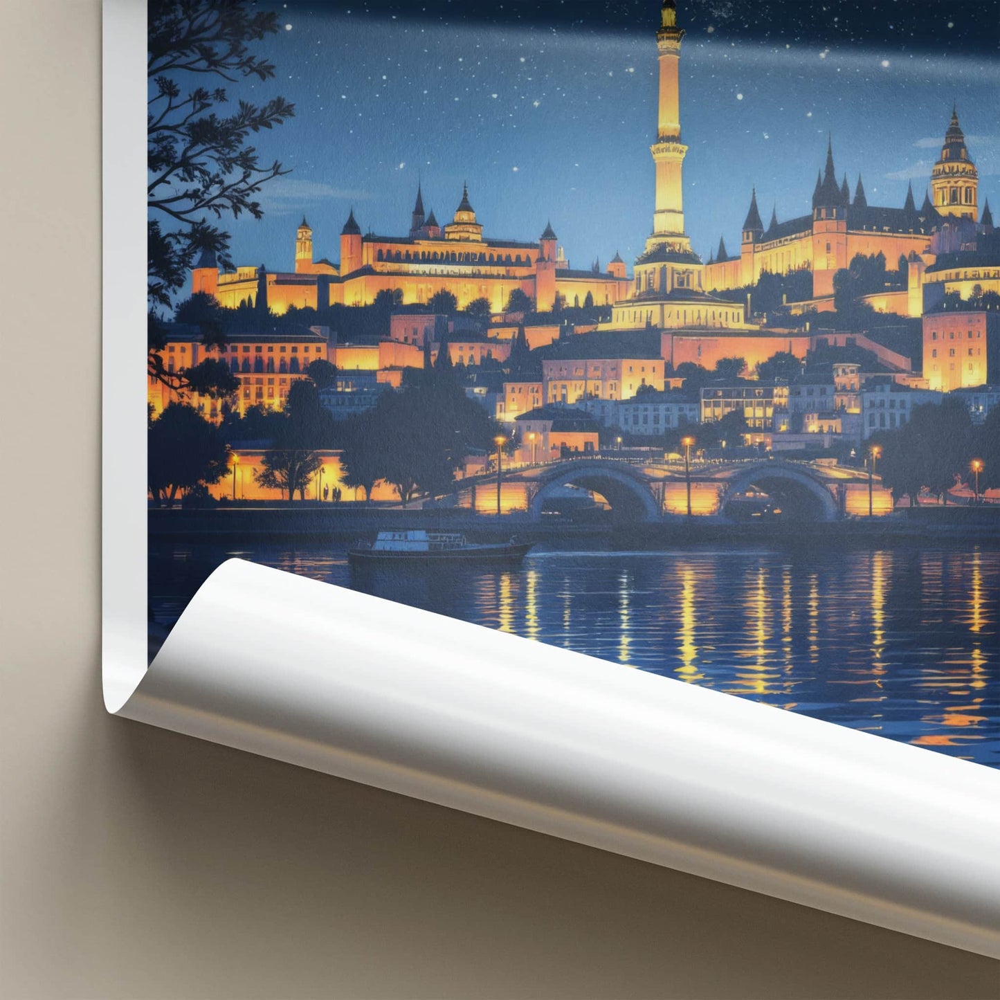 Belgrade Poster - Serbia Travel Print - Illuminated Riverside View Home Decor