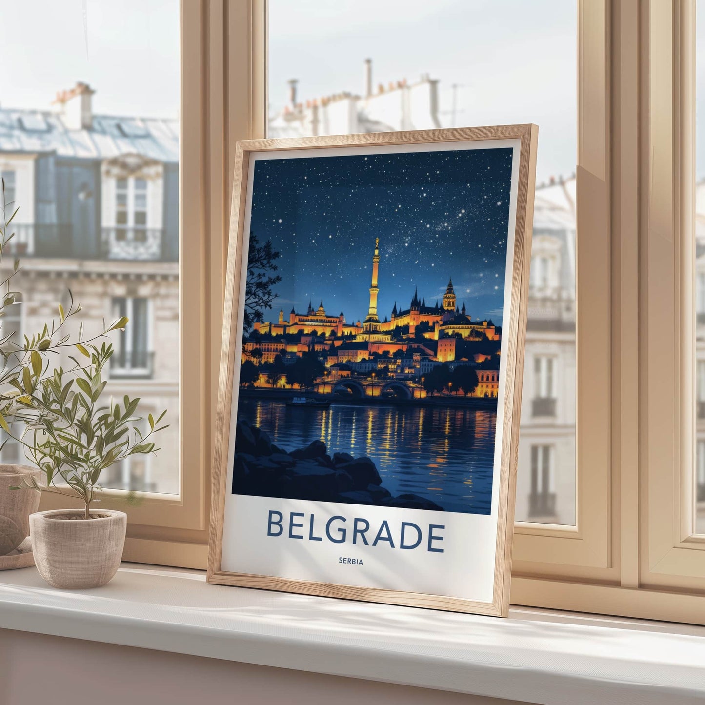 Belgrade Poster - Serbia Travel Print - Illuminated Riverside View Home Decor